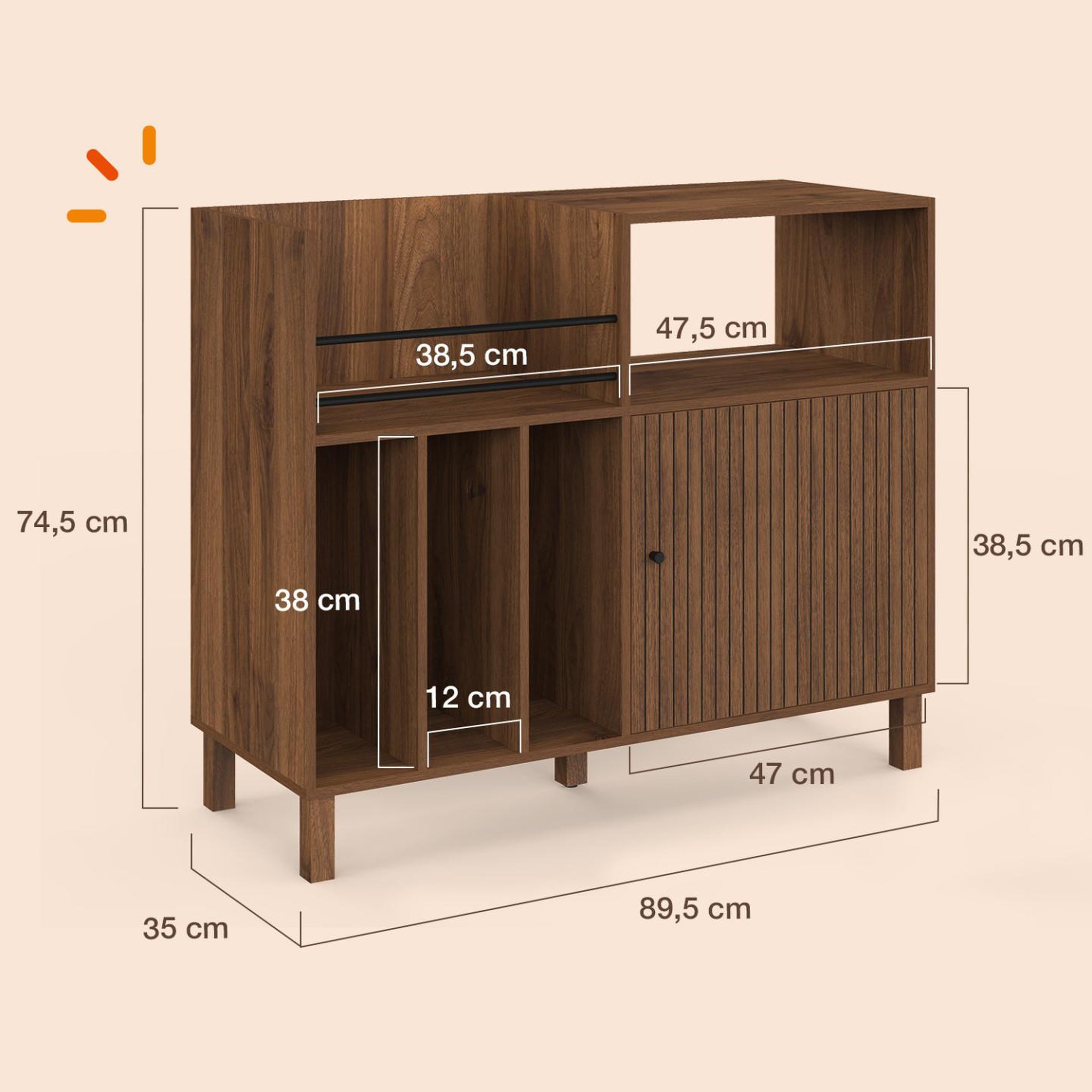 Voir la diapositive 4 : ID MARKET Meuble d'appoint, buffet de rangement avec étagères, supports vinyles, platine et placard 90 cm JULIETTE lattes bois effet noyer