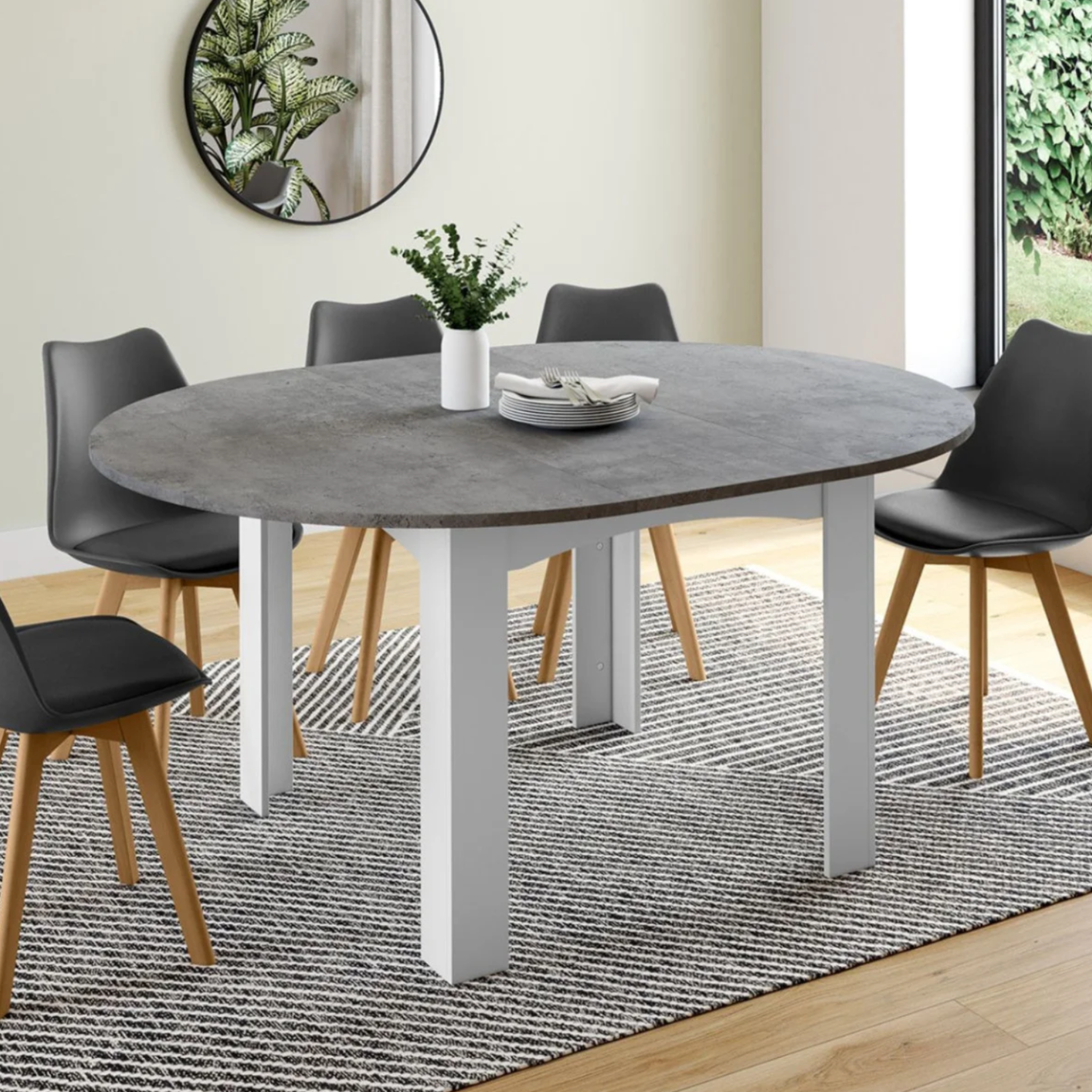 Voir la diapositive 2 : ID MARKET Table à manger extensible ronde dona 4-8 personnes blanc plateau effet béton 110-150 cm