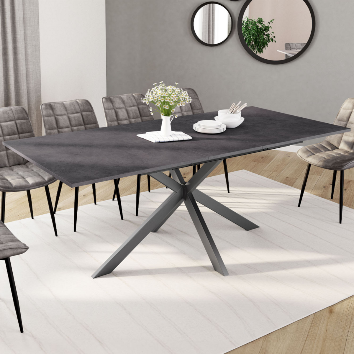 ID MARKET Table à manger extensible rectangle JASPE 6-10 personnes plateau effet béton pied araignée gris anthracite 160-200cm