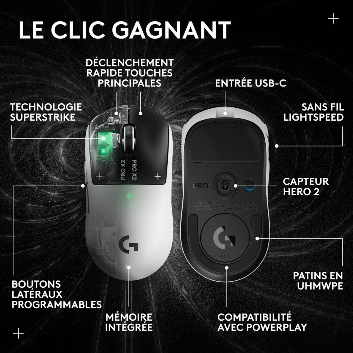 Logitech Souris Gamer Sans Fil PRO X2 SUPERSTRIKE LUNAR ECLIPSE