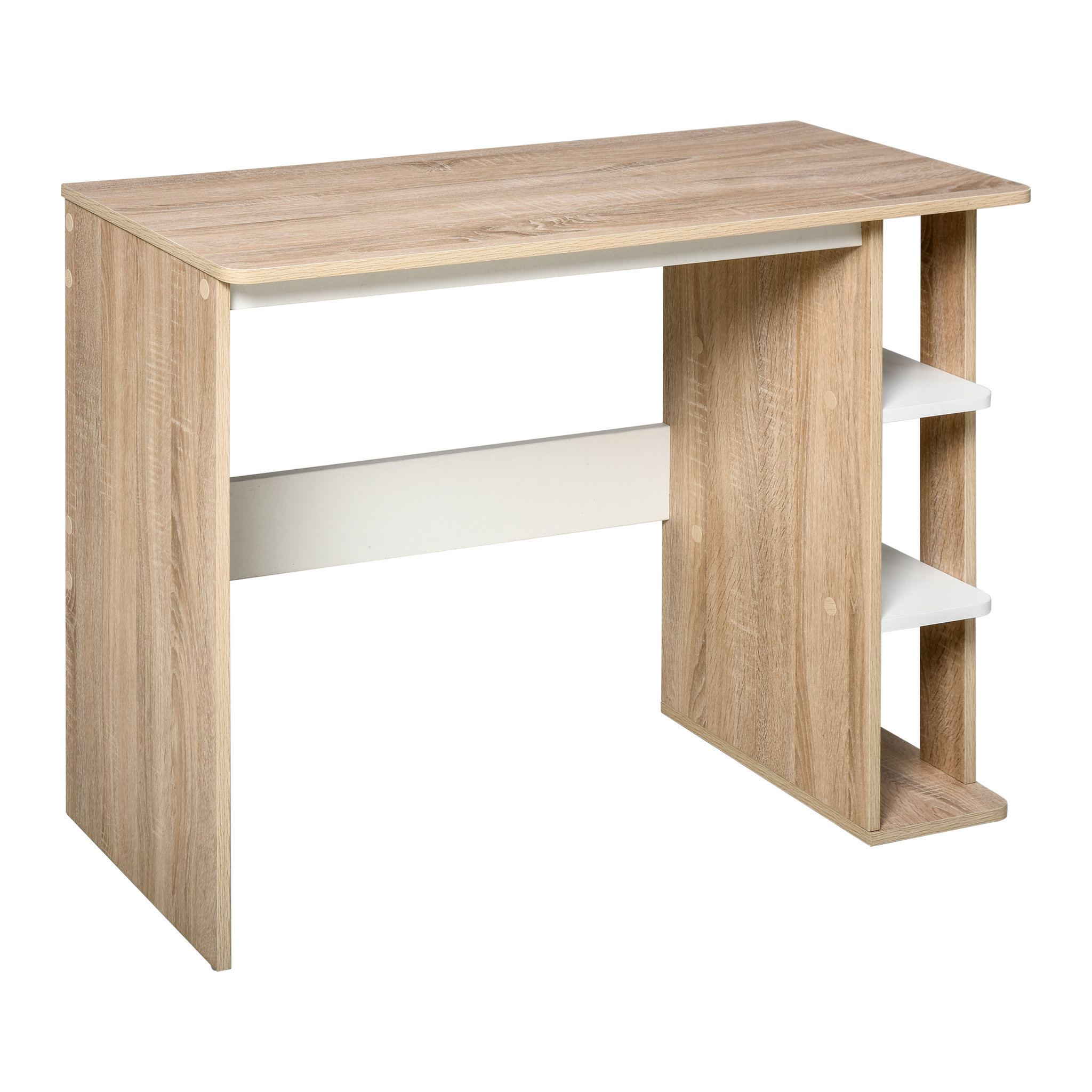 Voir la diapositive 1 : HOMCOM Bureau informatique multimédia dim. 100L x 44l x 74H cm 3 étagères latérales panneaux particules E1 chêne clair blanc