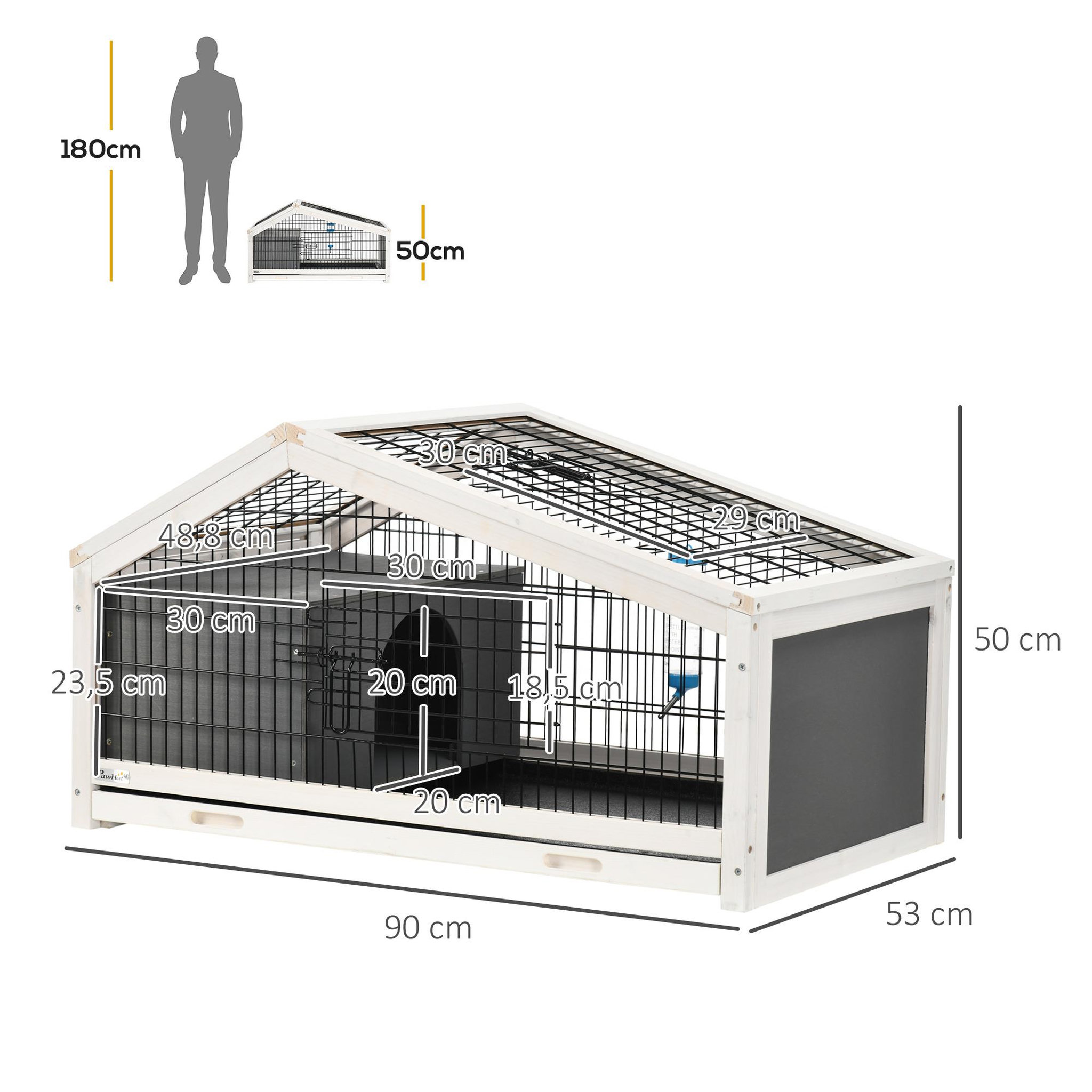 Voir la diapositive 3 : PAWHUT Clapier cage à lapin - niche, plateau déjection, porte et toit ouvrant verrouillables, abreuvoir - acier noir sapin gris blanc
