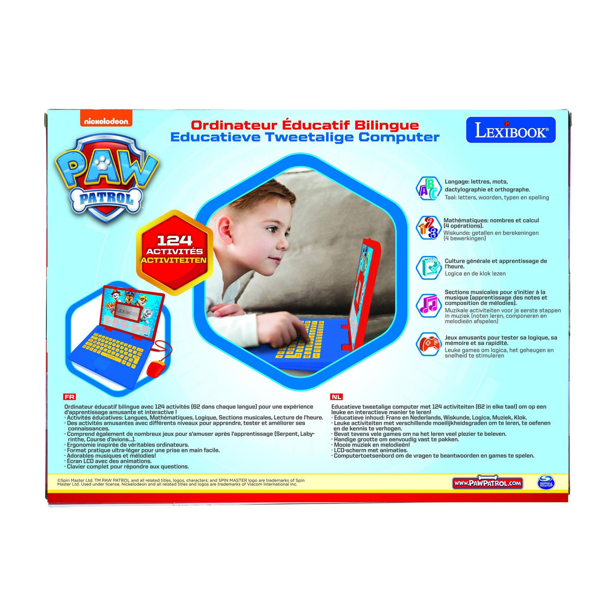Lexibook Ordinateur portable éducatif bilingue La Pat Patrouille avec 124 activités (FR/NL)