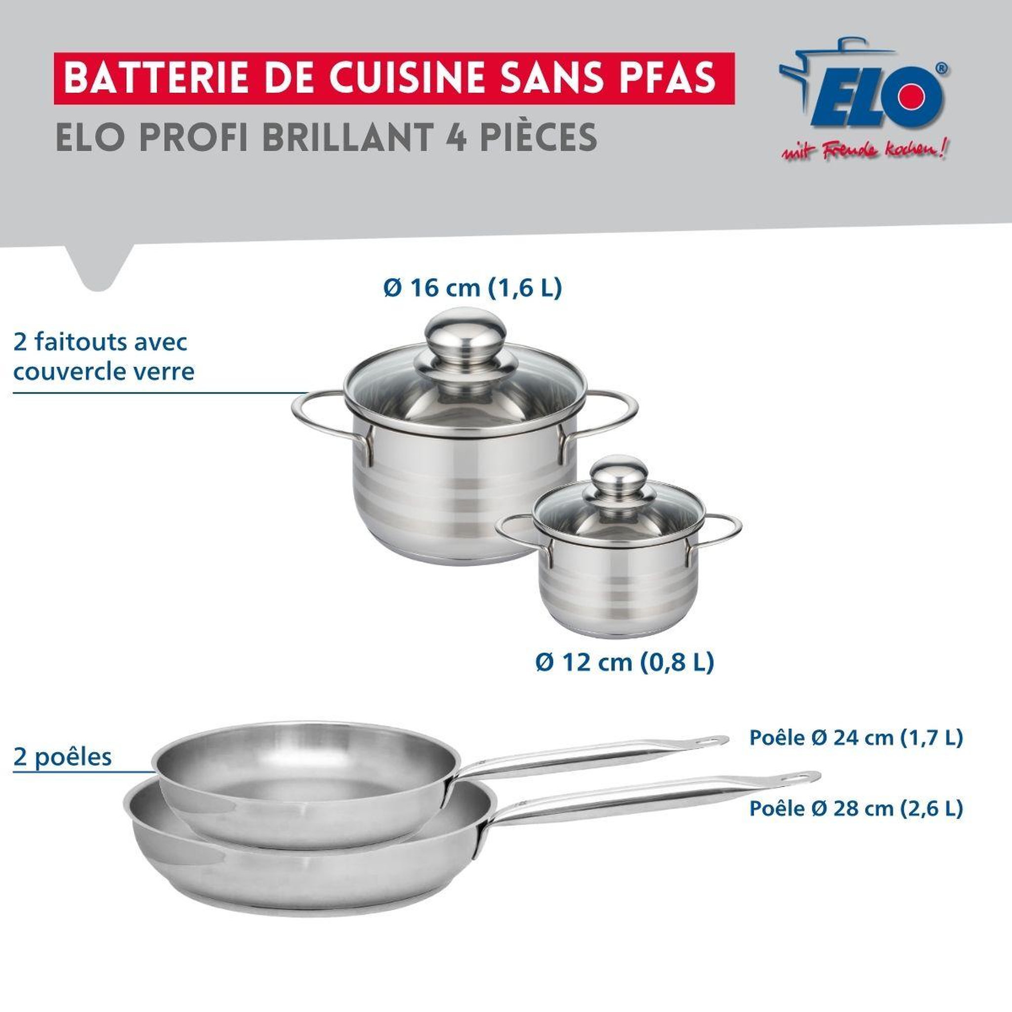 Voir la diapositive 2 : ELO Ensemble de 2 poêles de cuisson 24 et 28 cm et 2 faitouts 12 et 16 cm elo profi brillant