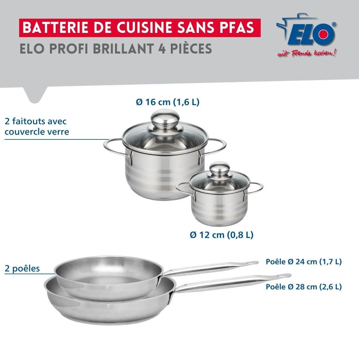 ELO Ensemble de 2 Poêles de cuisson 24 et 28 cm et 2 faitouts 12 et 16 cm Elo Profi Brillant