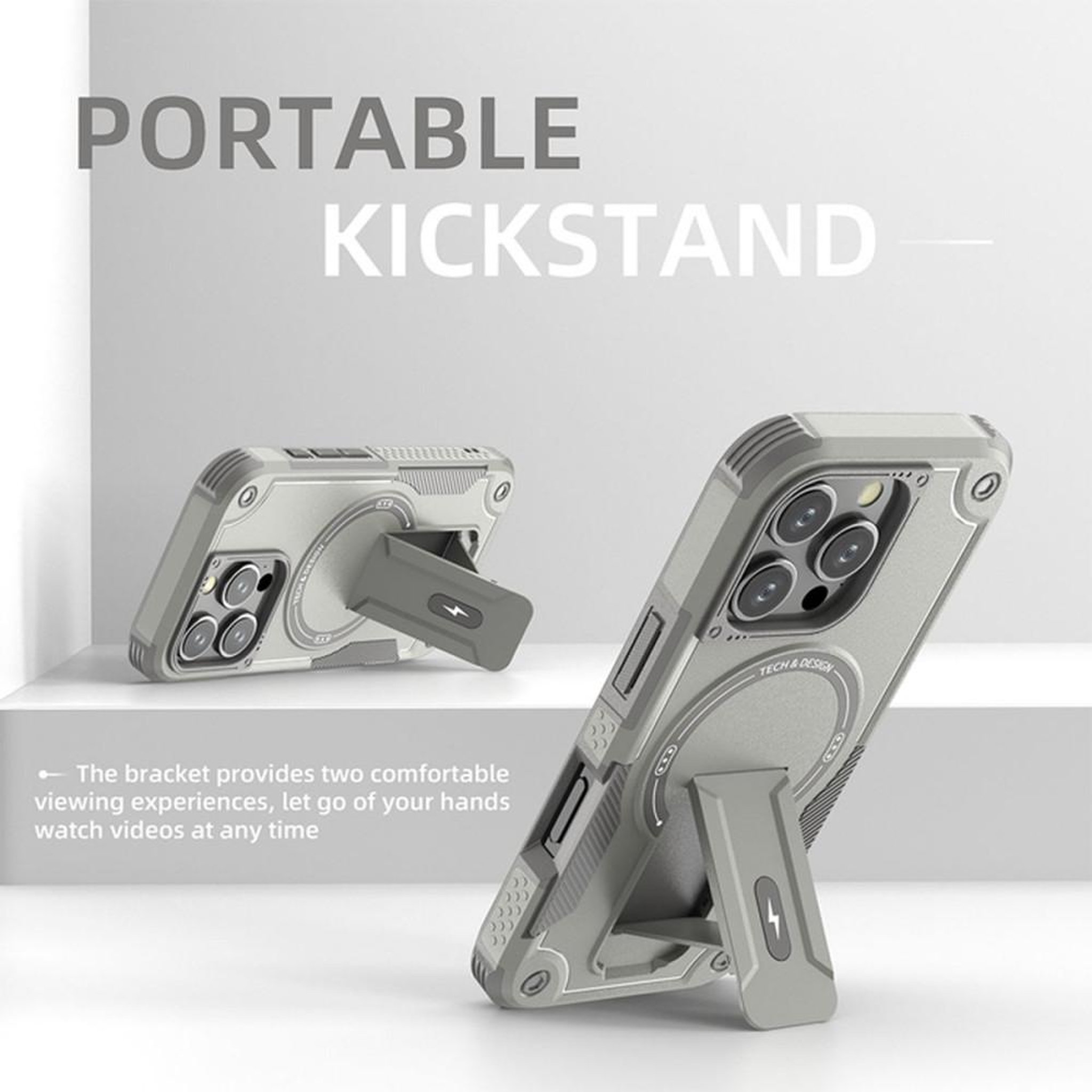 Voir la diapositive 4 : Coque MagSafe iPhone 16 Pro grise antichoc 360° avec support intégré HCT Style