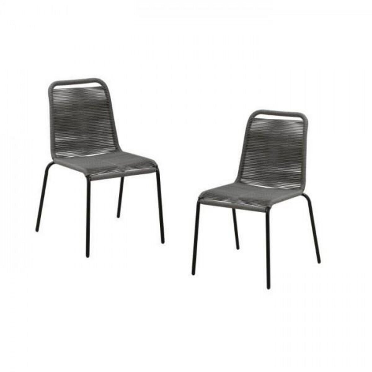 MARKET24 Lot de 2 chaises de jardin - Métal avec tissage simple en corde, empilable - Epoxy noir et cordes grises