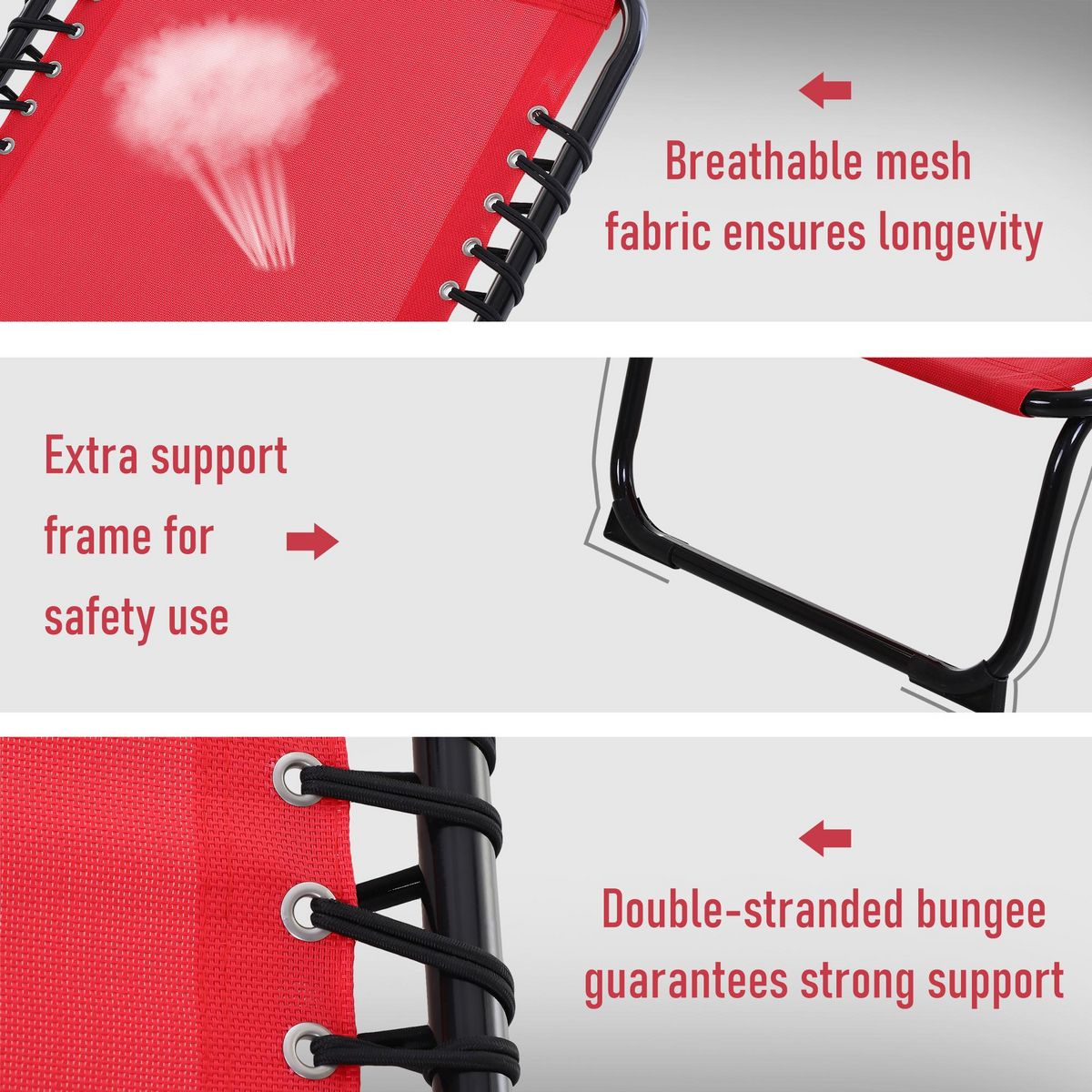 OUTSUNNY Bain de soleil transat pliable dossier inclinable multi-positions acier thermoplastique lacets élastiques noir textilène rouge