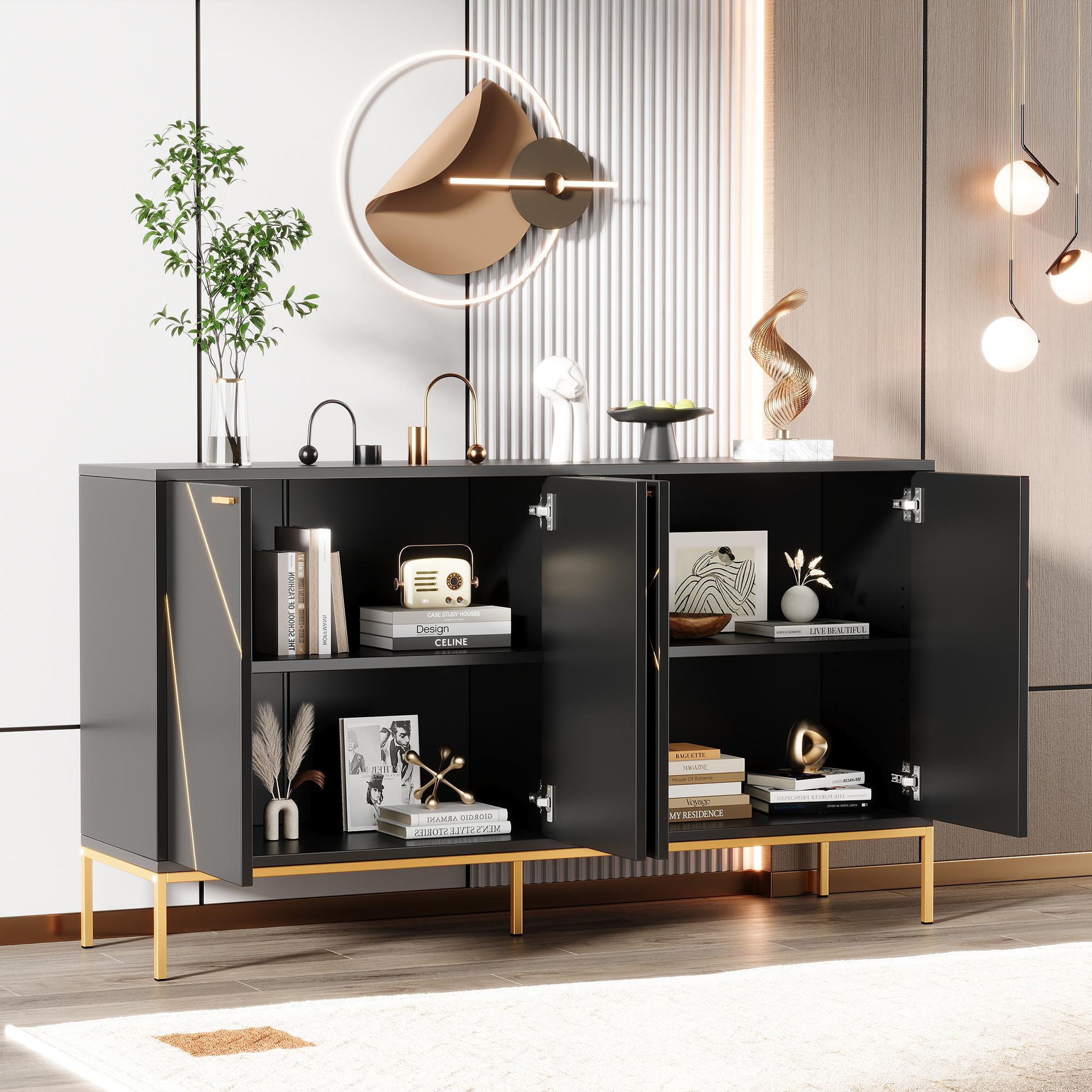 Voir la diapositive 2 : MERAX Buffet 4 portes 0 tiroir - 150cm noir panneaux de particules