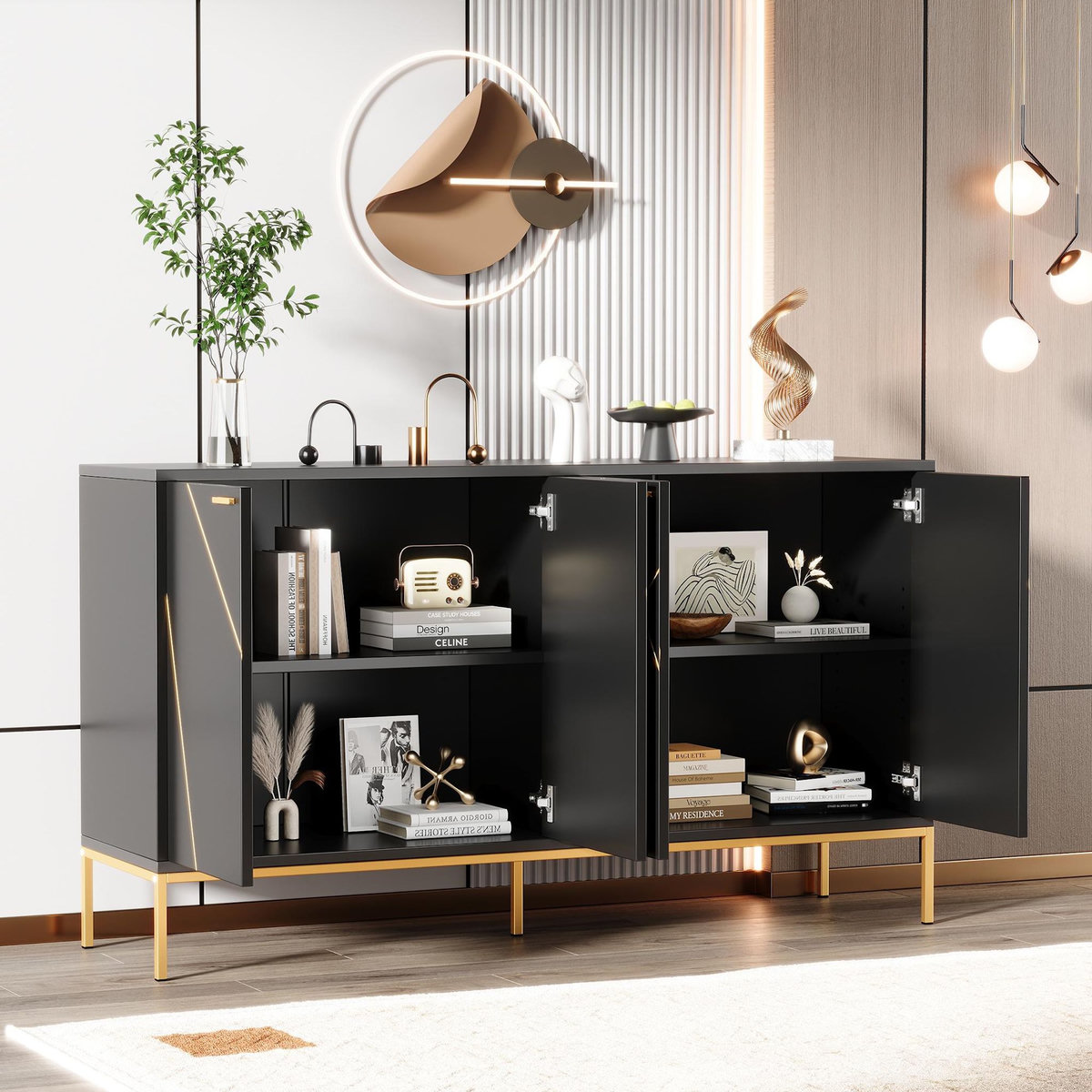 MERAX Buffet 4 portes 0 tiroir - 150cm noir panneaux de particules