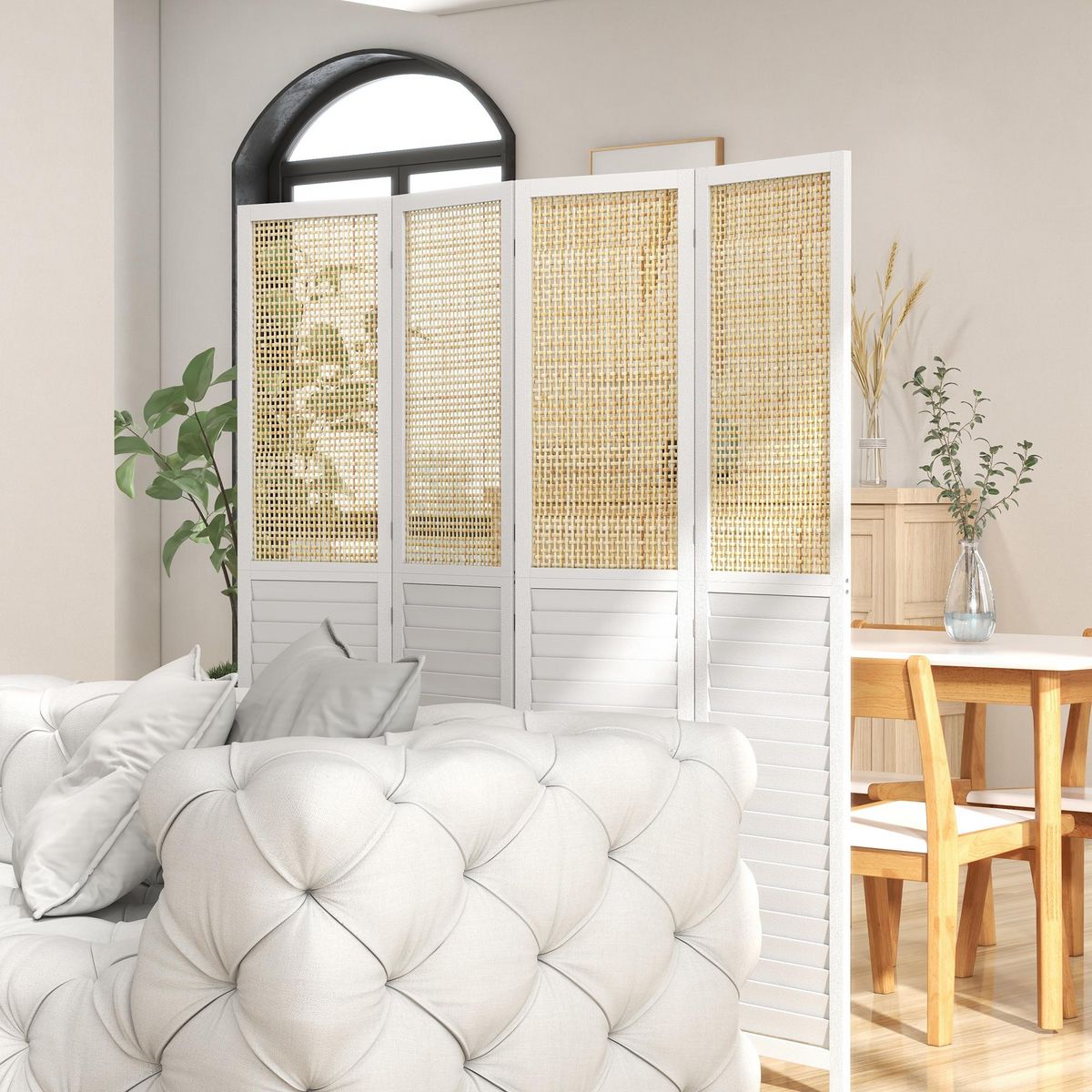 HOMCOM Paravent séparateur de pièce 4 panneaux pliables dim. 160L x 170H cm - bois blanc aspect rotin