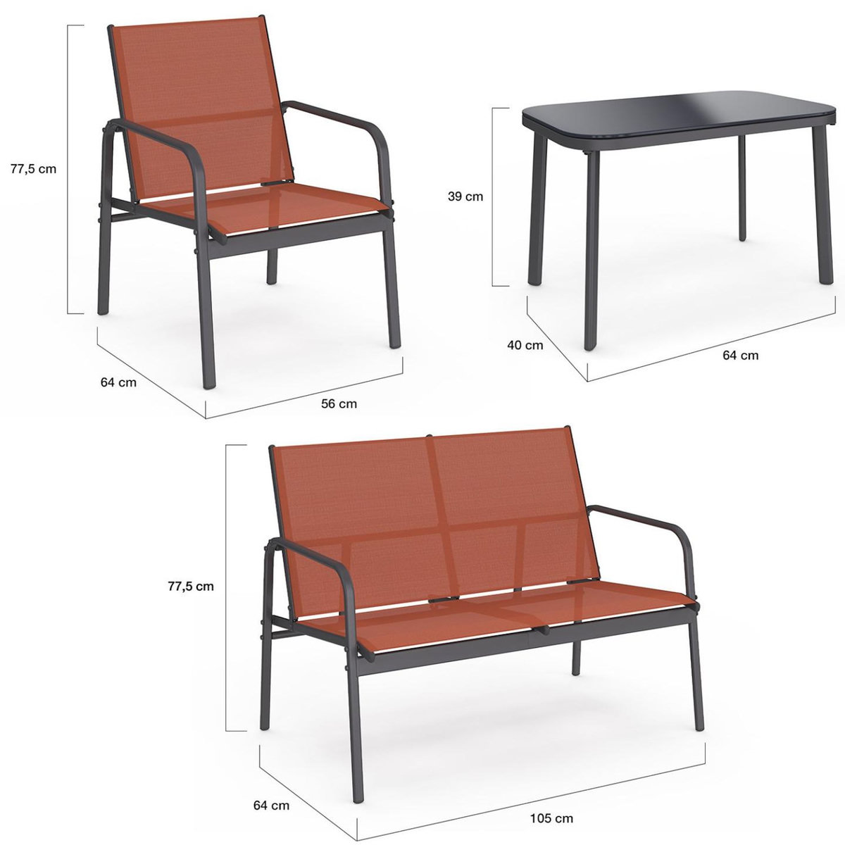 ID MARKET Salon de jardin bas TOLEDE 4 places avec canapé, fauteuils et table terracotta