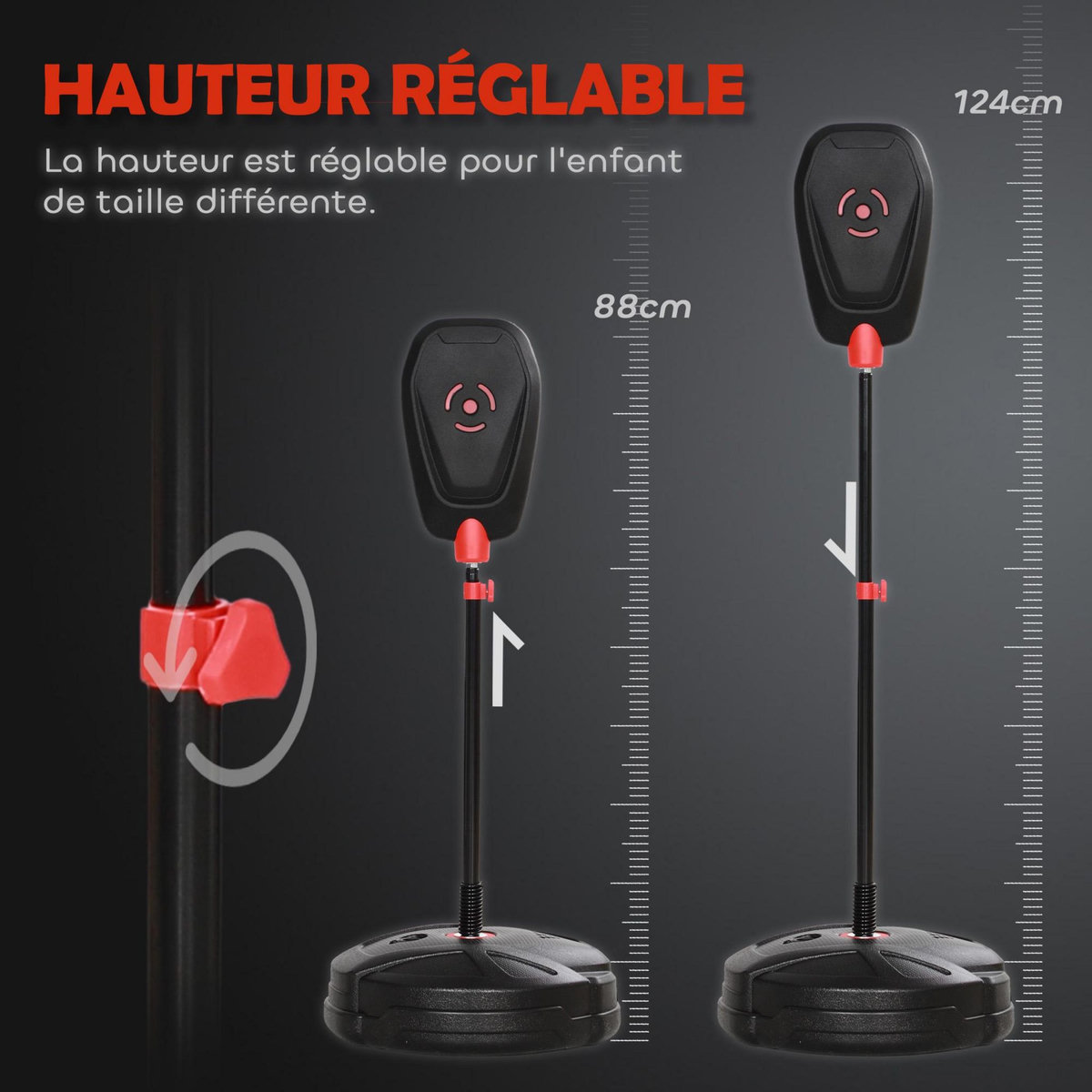 HOMCOM Punching ball enfant - sac de frappe enfant - hauteur réglable - base lestage, 2 gants inclus - rouge noir