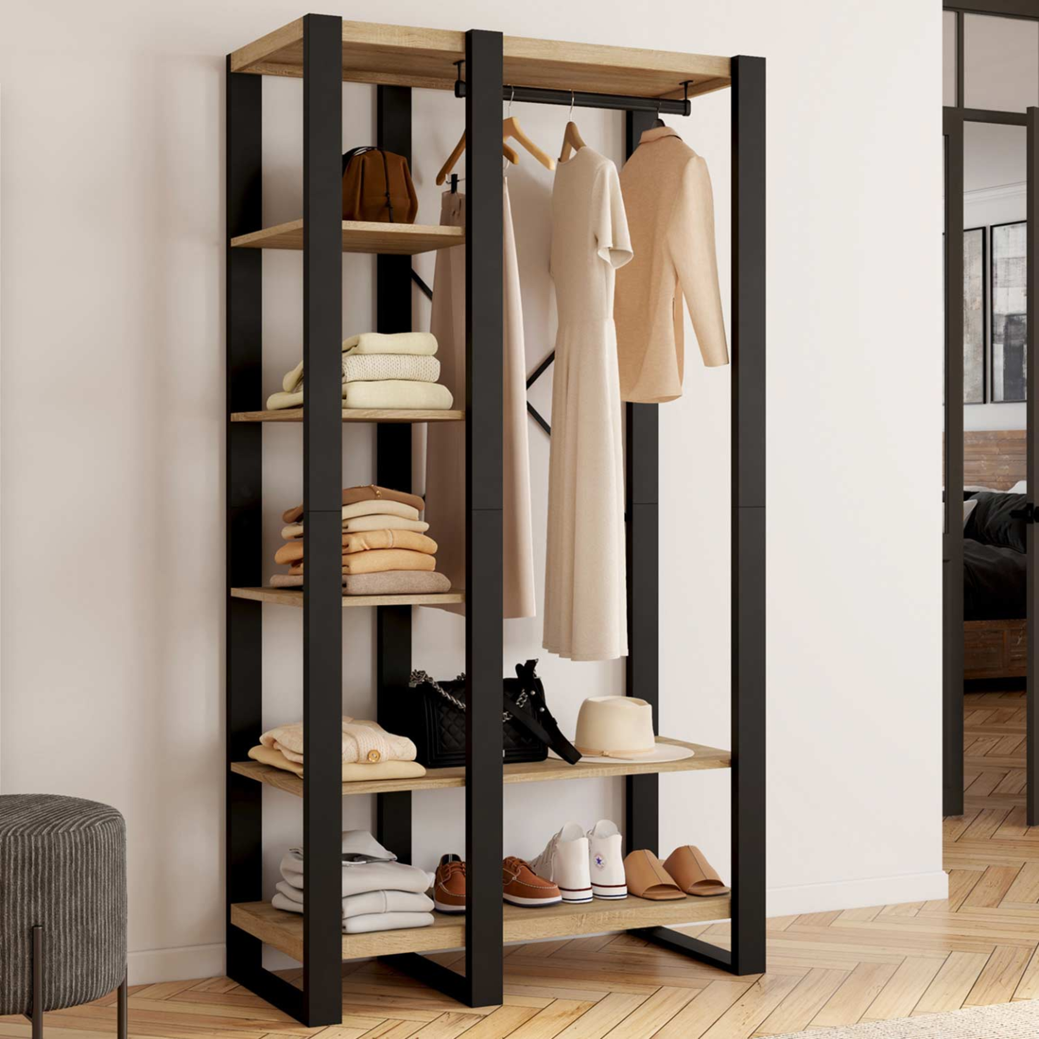 Voir la diapositive 2 : ID MARKET Dressing penderie étagère ONYX bois et noir
