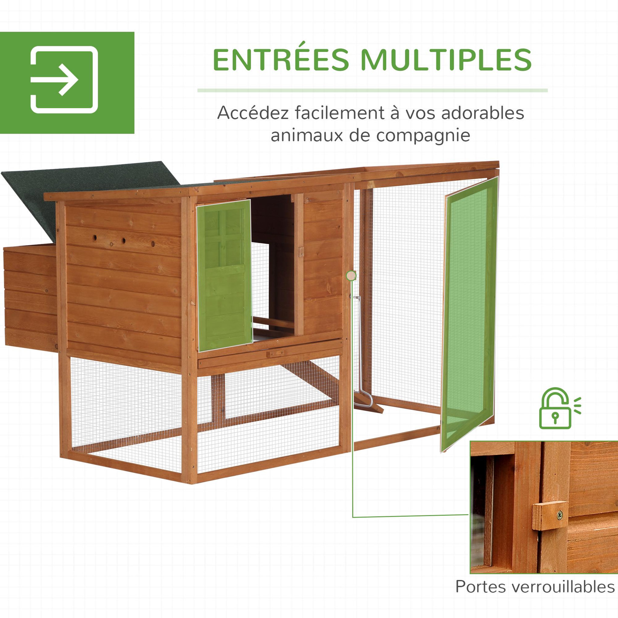Voir la diapositive 5 : PAWHUT Poulailler cottage cage à poules sur pied dim. 168L x 110l x 101H cm multi-équipement bois sapin lasuré