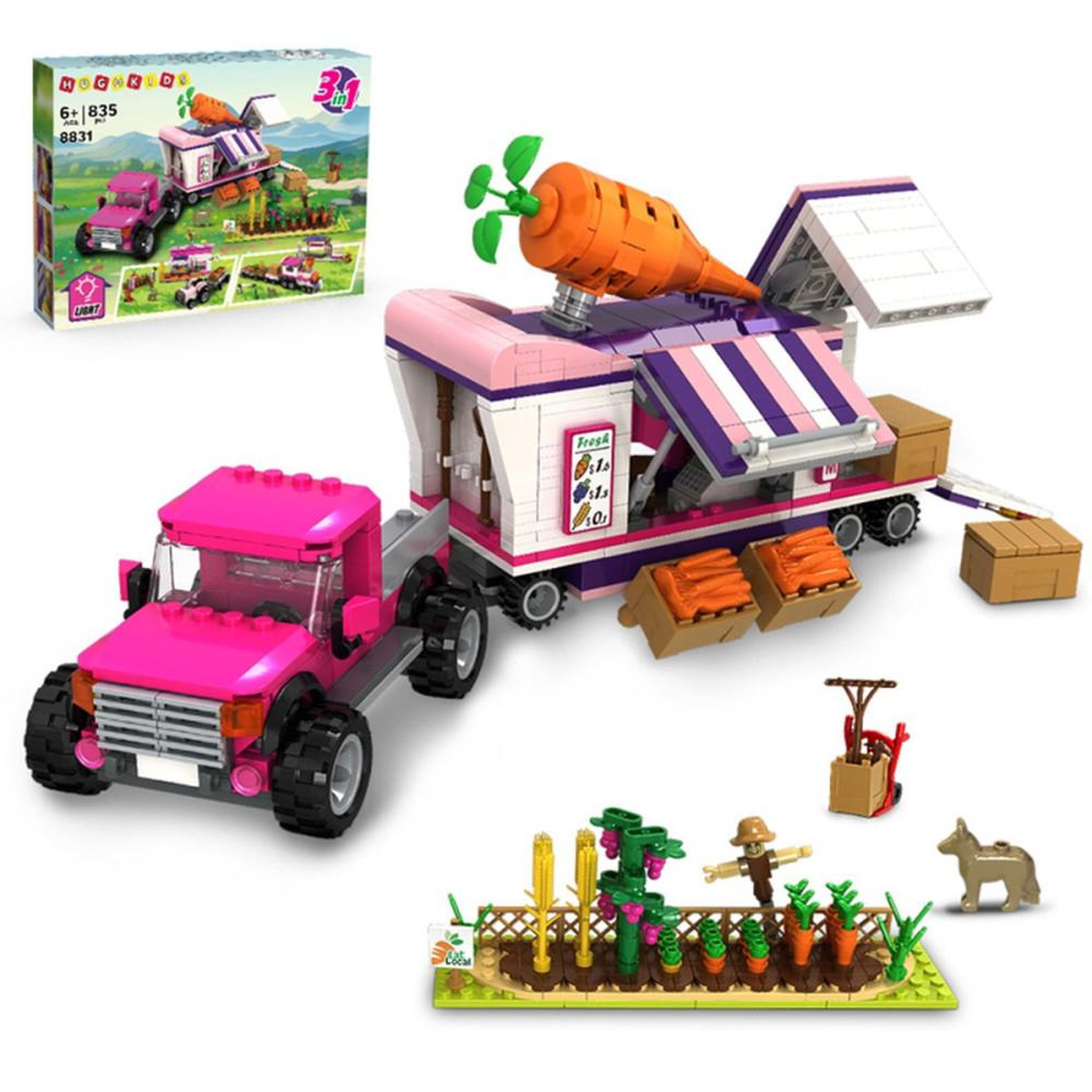 Ensemble de construction transformable 3-en-1 ferme 8831, 835 pièces avec LED