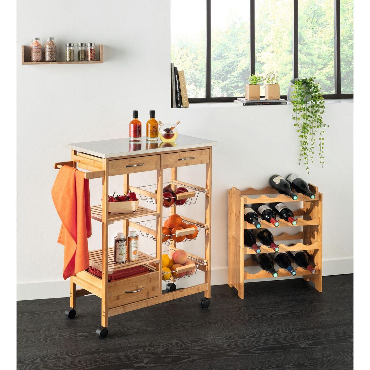 FIVE Desserte grand modèle à tiroirs et paniers en bambou BELYA - Beige