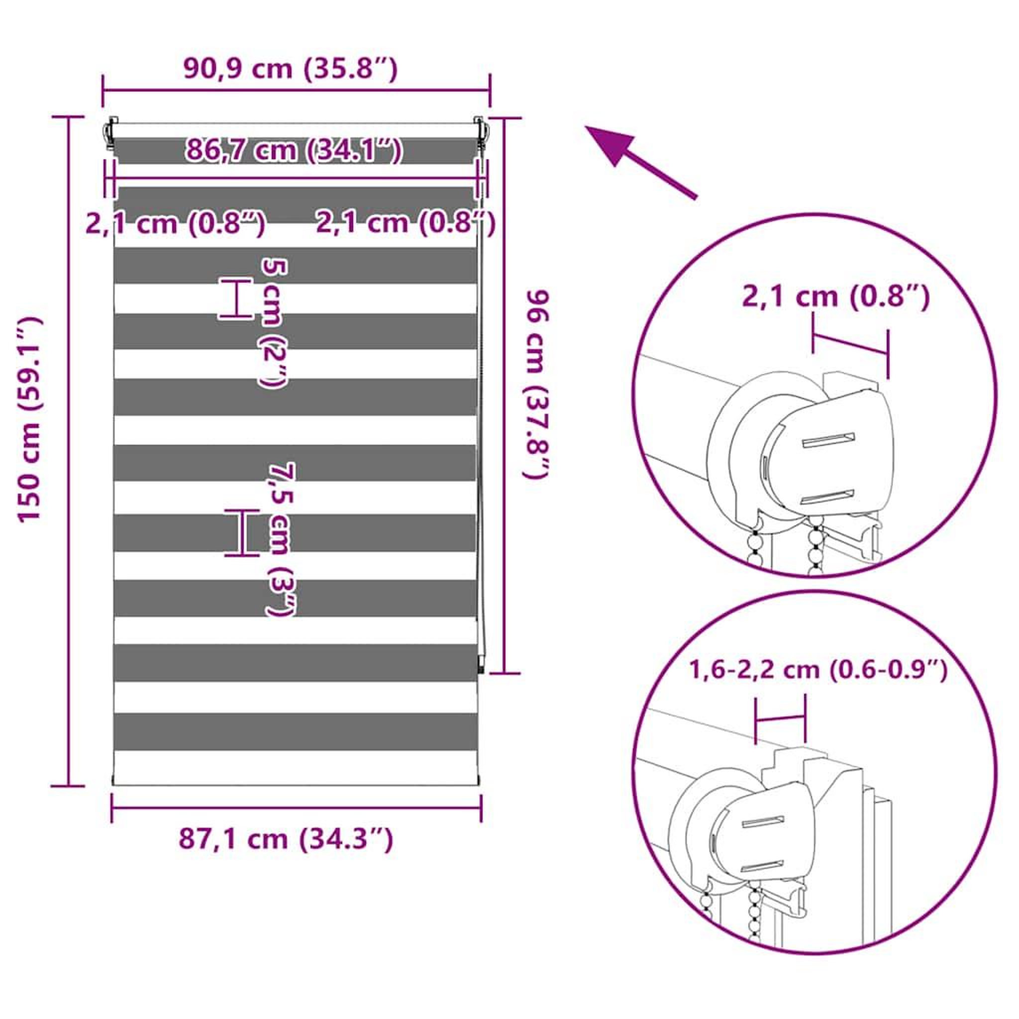 Voir la diapositive 6 : VIDAXL Store venitien zebre 90,9 x 150 cm, largeur du tissu 86,7 cm, noir