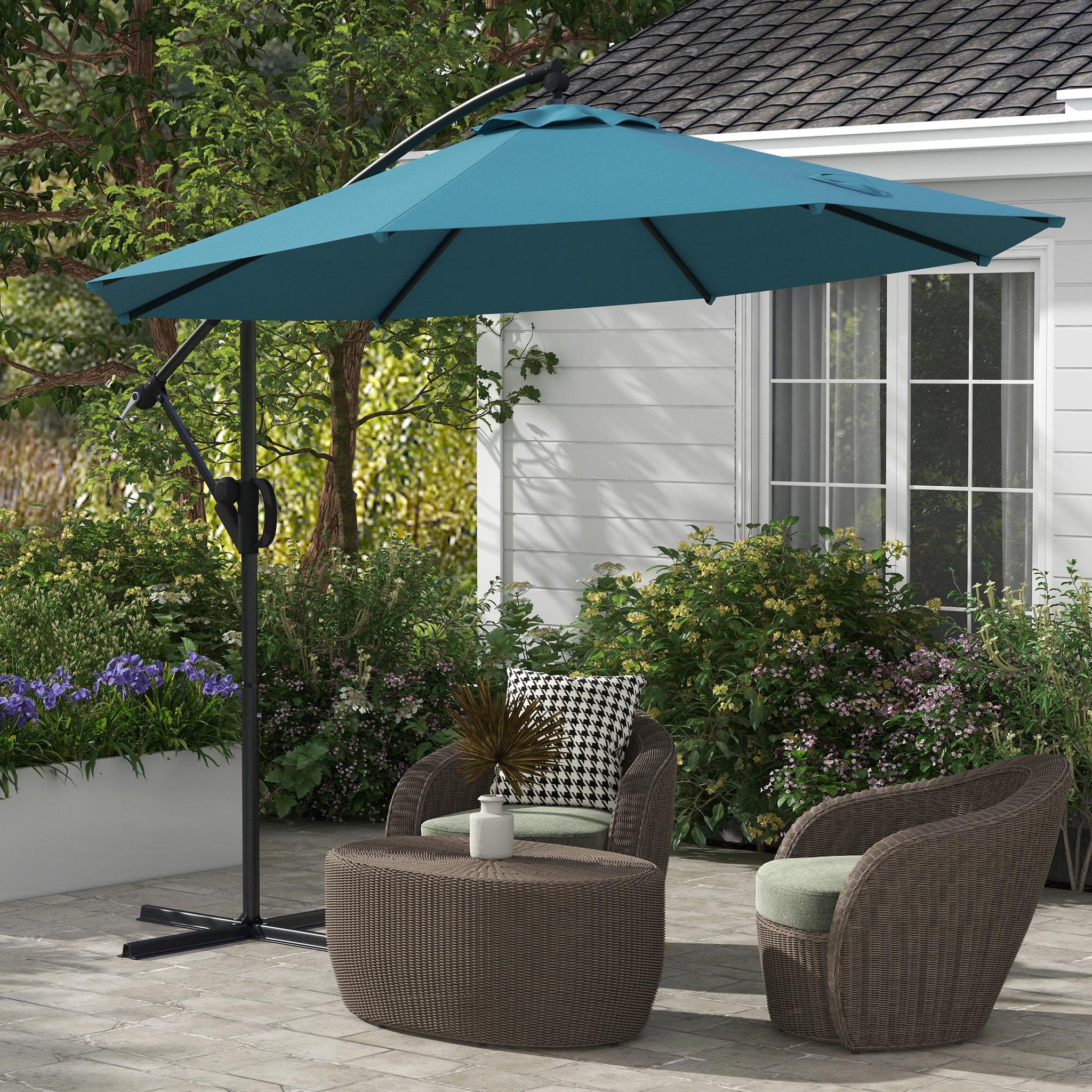 Voir la diapositive 2 : OUTSUNNY Parasol déporté octogonal inclinable Ø 2,93 x 2,60 m avec pied métal époxy alu bleu canard