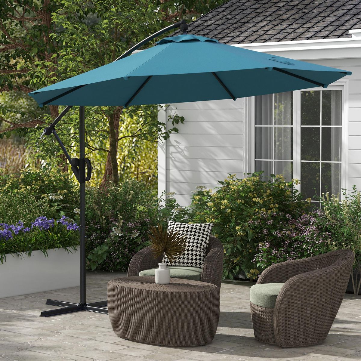 OUTSUNNY Parasol déporté octogonal inclinable Ø 2,93 x 2,60 m avec pied métal époxy alu bleu canard
