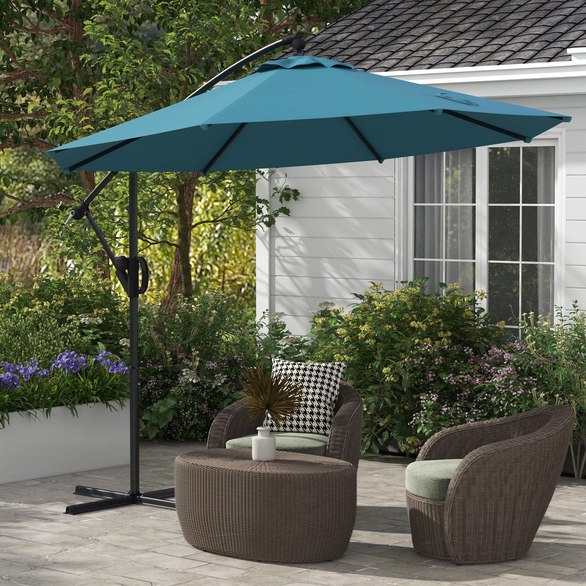 OUTSUNNY Parasol déporté octogonal inclinable Ø 2,93 x 2,60 m avec pied métal époxy alu bleu canard