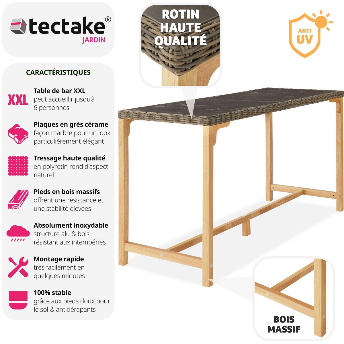 tectake Table de bar en rotin avec cadre en aluminium et bois marron naturel
