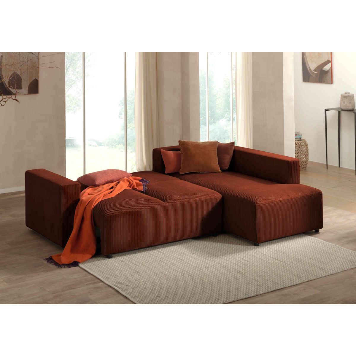 LISA DESIGN Livy - canapé d'angle convertible - avec coffre - en velours côtelé - 5 places - droit