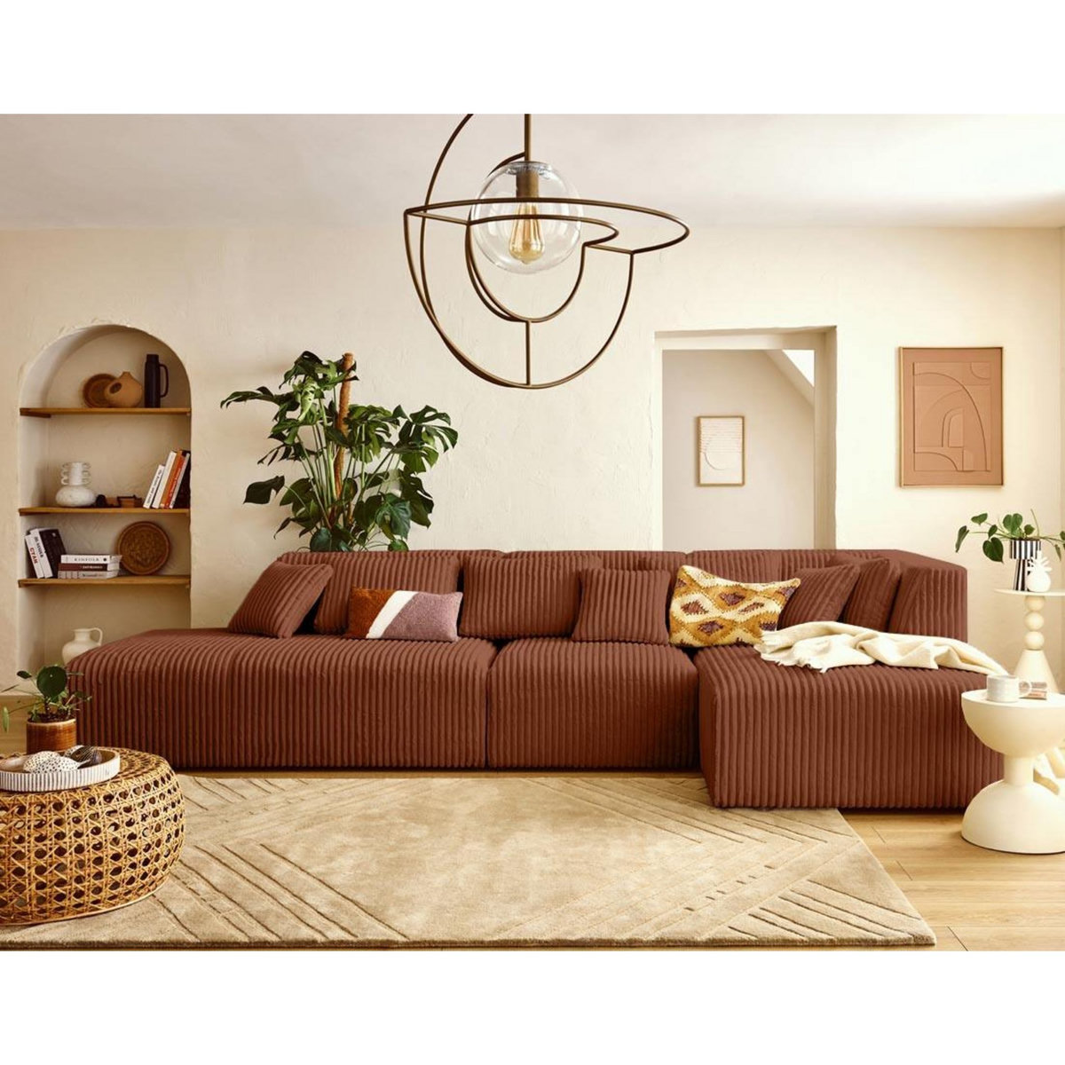 LISA DESIGN Victoire - canapé modulable d'angle droit 5 places en velours côtelé grosses côtes