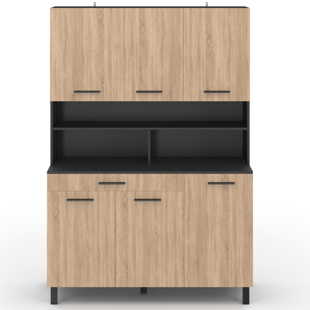 ID MARKET Buffet de cuisine 120 CM CINA 6 portes + tiroir noir et façon hêtre