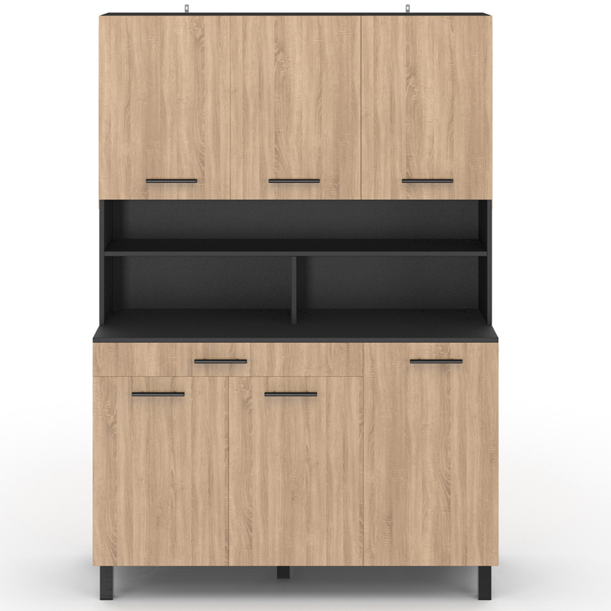 ID MARKET Buffet de cuisine 120 CM CINA 6 portes + tiroir noir et façon hêtre