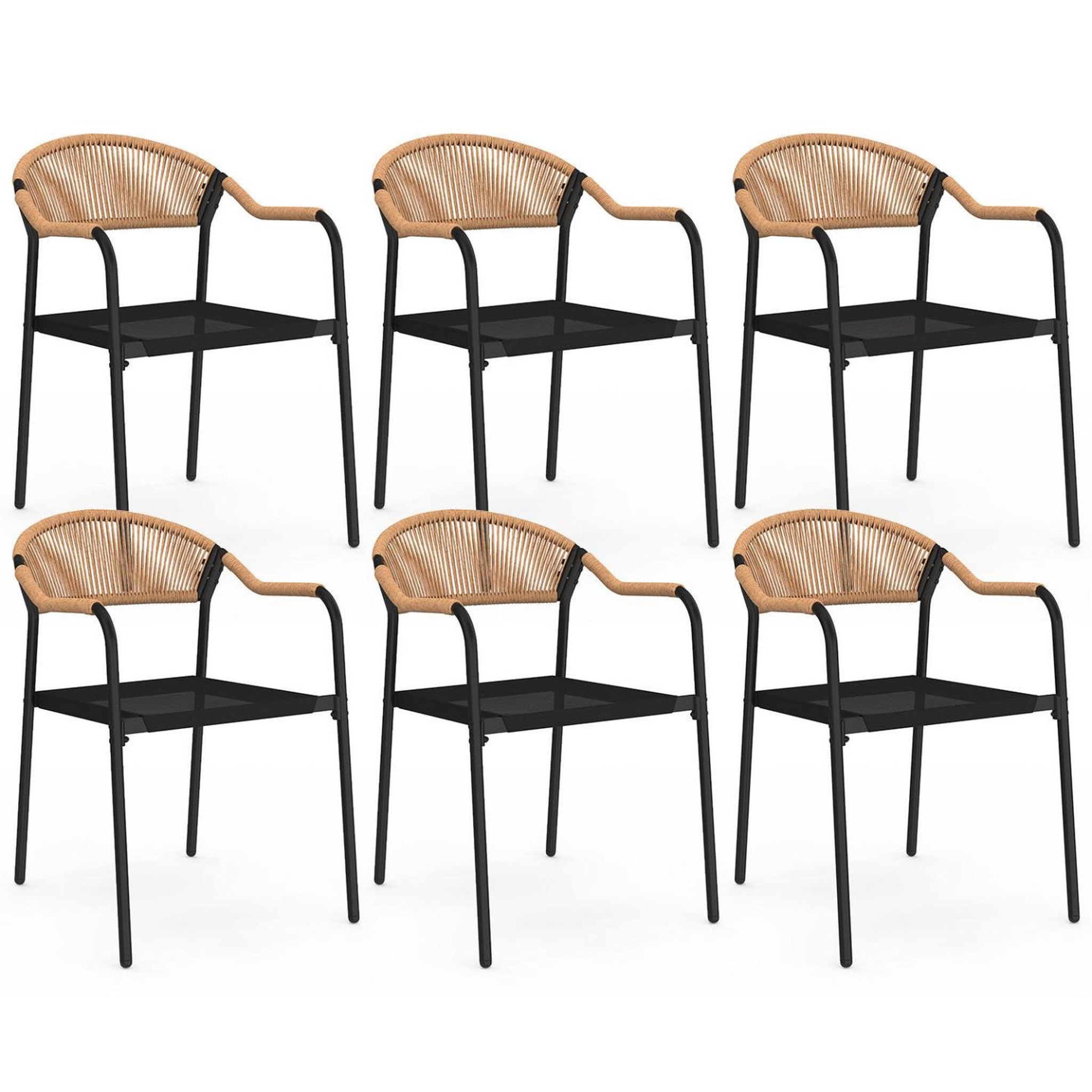 ID MARKET Lot de 6 chaises de jardin madeira métal, cordage et textilène noir et rotin clair