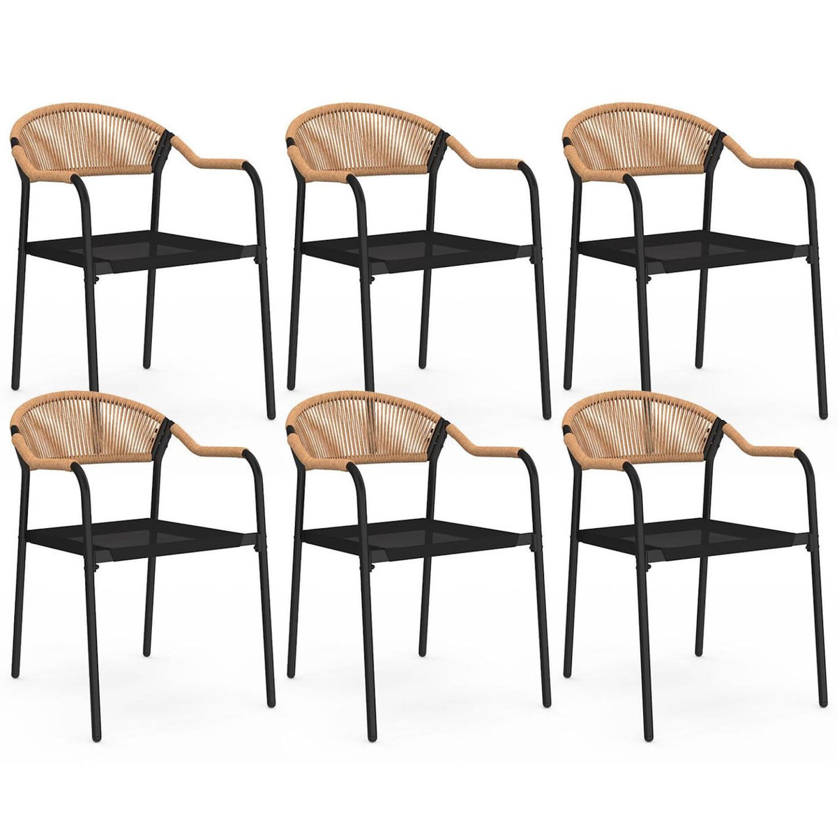 ID MARKET Lot de 6 chaises de jardin MADEIRA métal, cordage et textilène noir et rotin clair