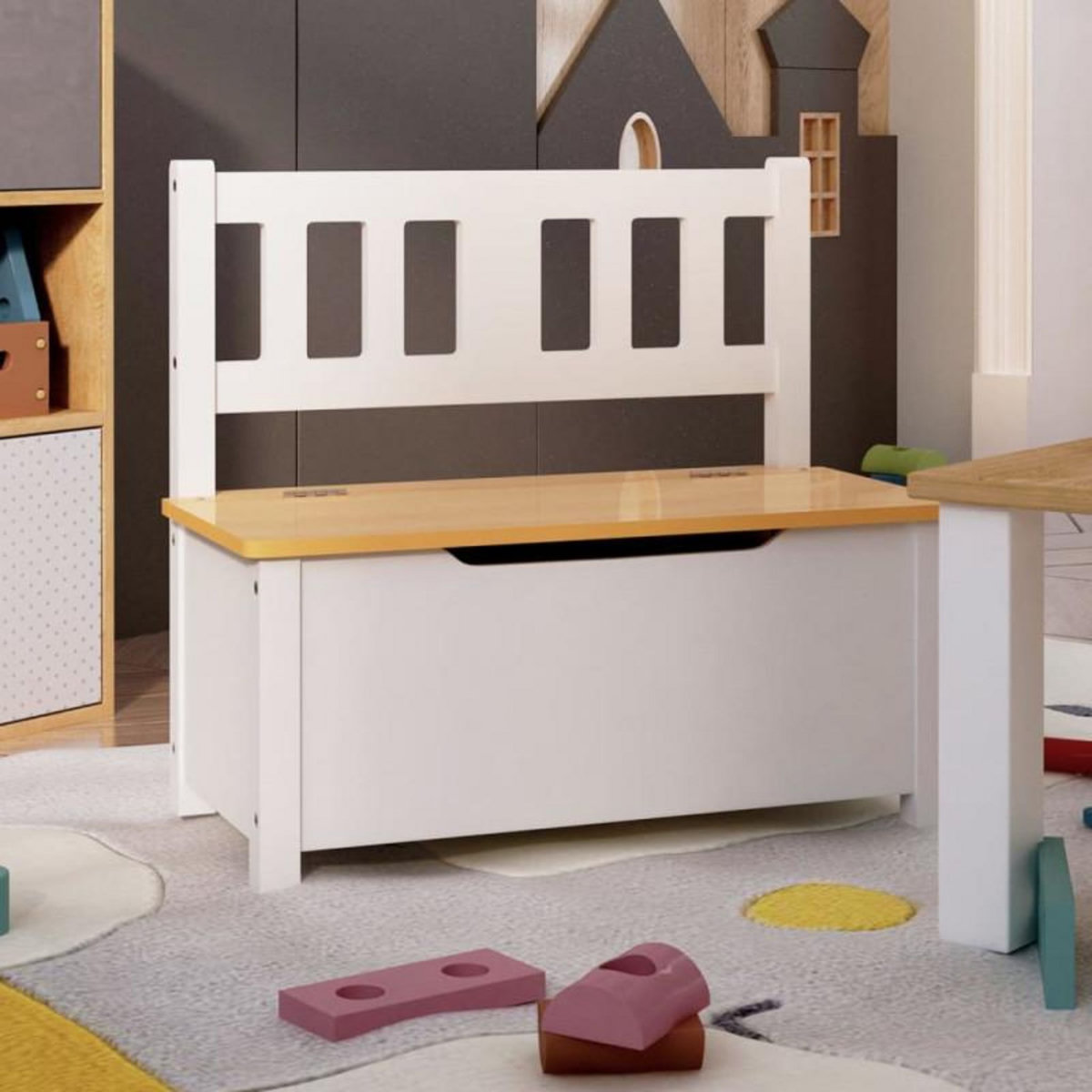 VIDAXL Banc de rangement pour enfants Blanc et beige 60x30x55 cm MDF