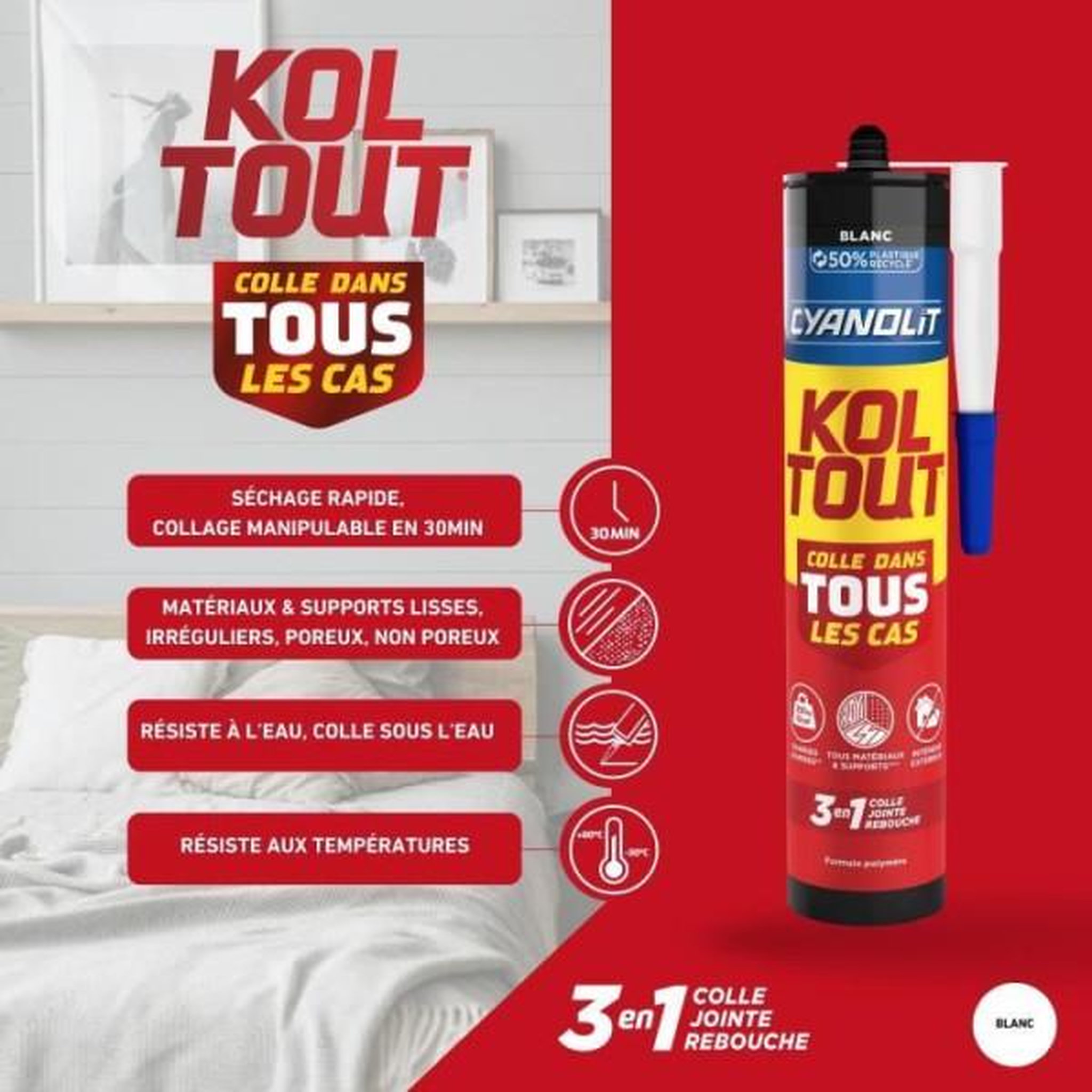 Voir la diapositive 5 : CYANOLIT Colle de fixation et d'étanchéité - CYANOLIT - Blanc - Cartouche 290 ml - Polyvalente - Résistant et flexible