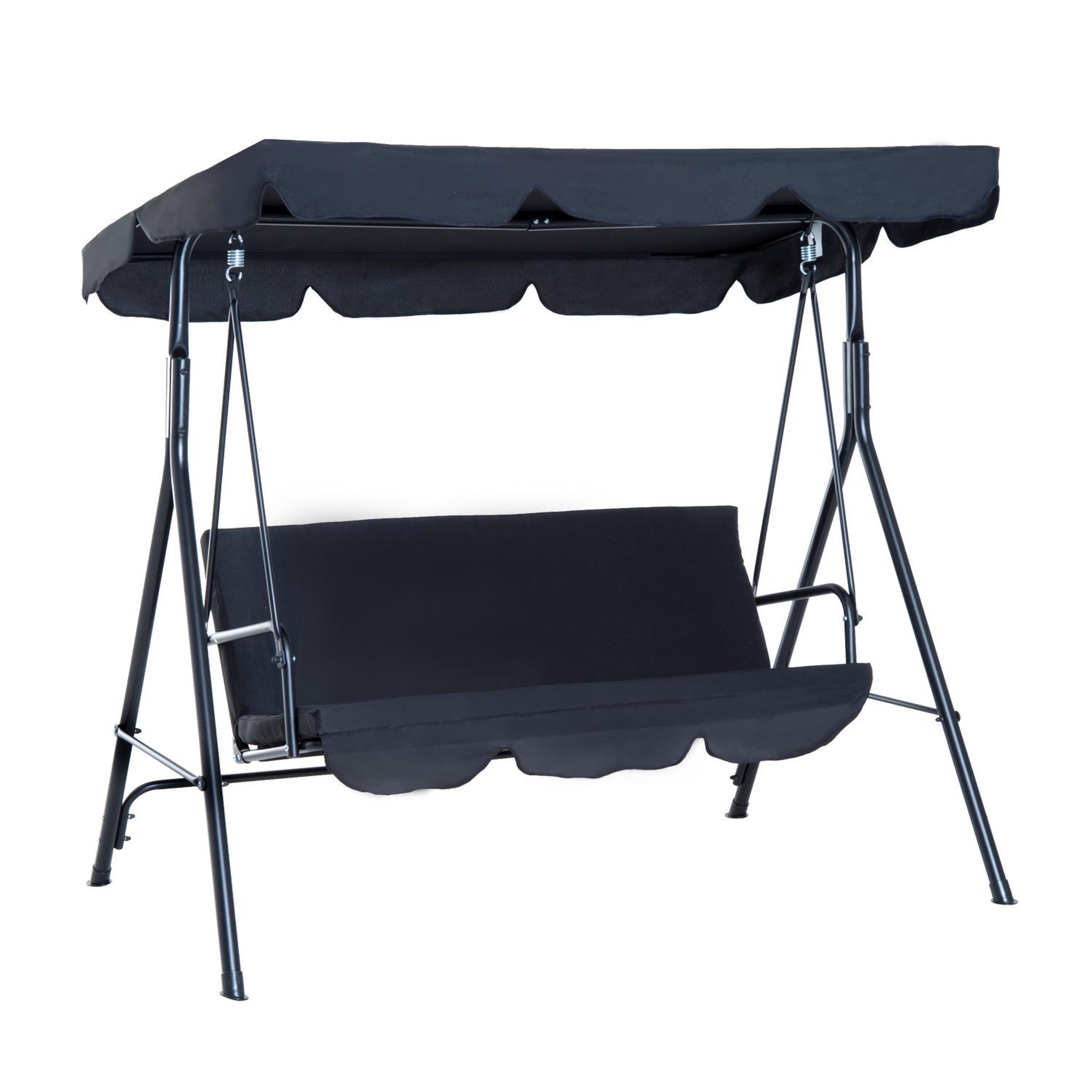 Voir la diapositive 1 : OUTSUNNY Balancelle de jardin 3 places toit inclinaison réglable coussins assise et dossier 1,72L x 1,1l x 1,52H m acier noir polyester noire