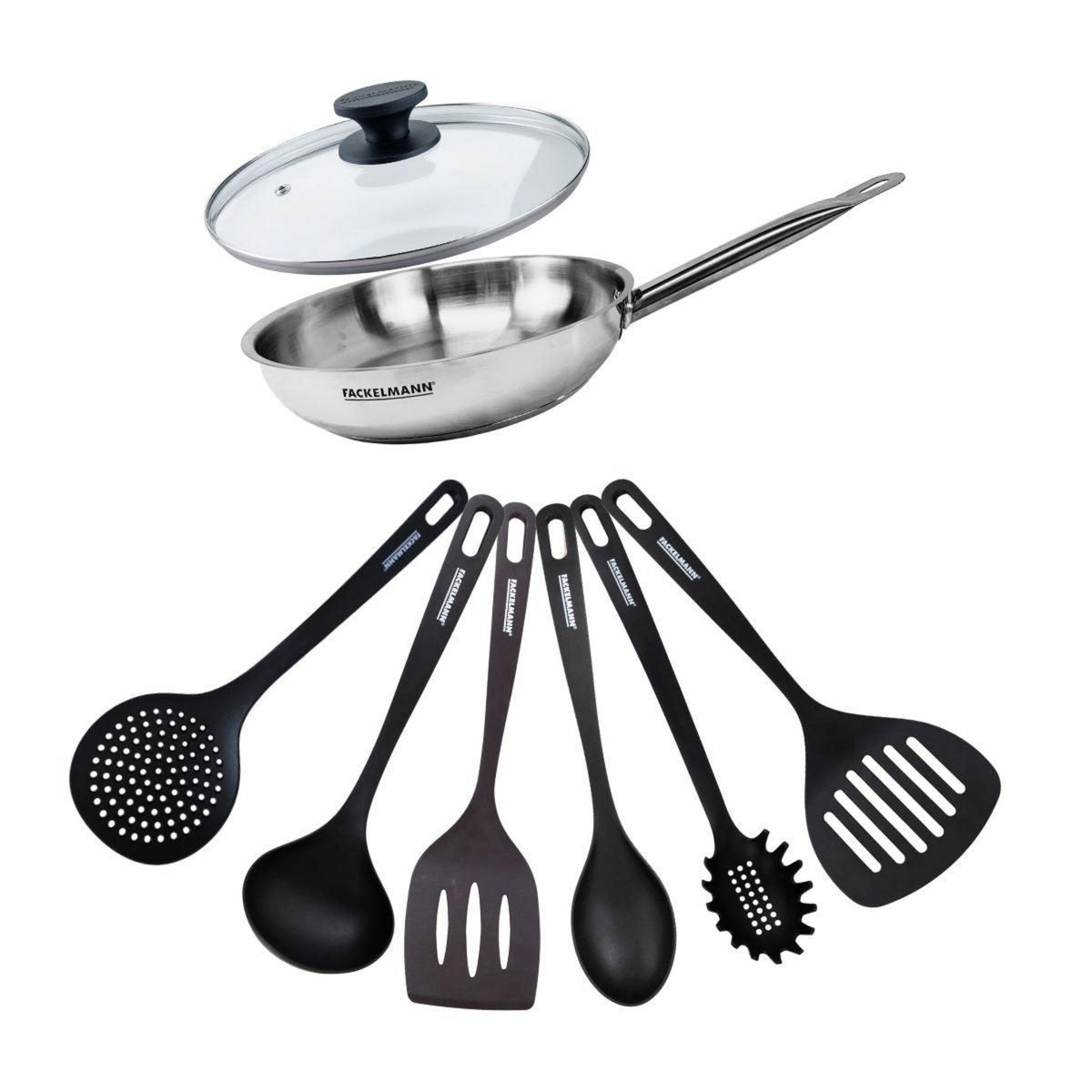 Fackelmann Set de 1 poêle de 24 cm en inox 1 couvercle en verre et 6 ustensiles Fackelmann Eterna