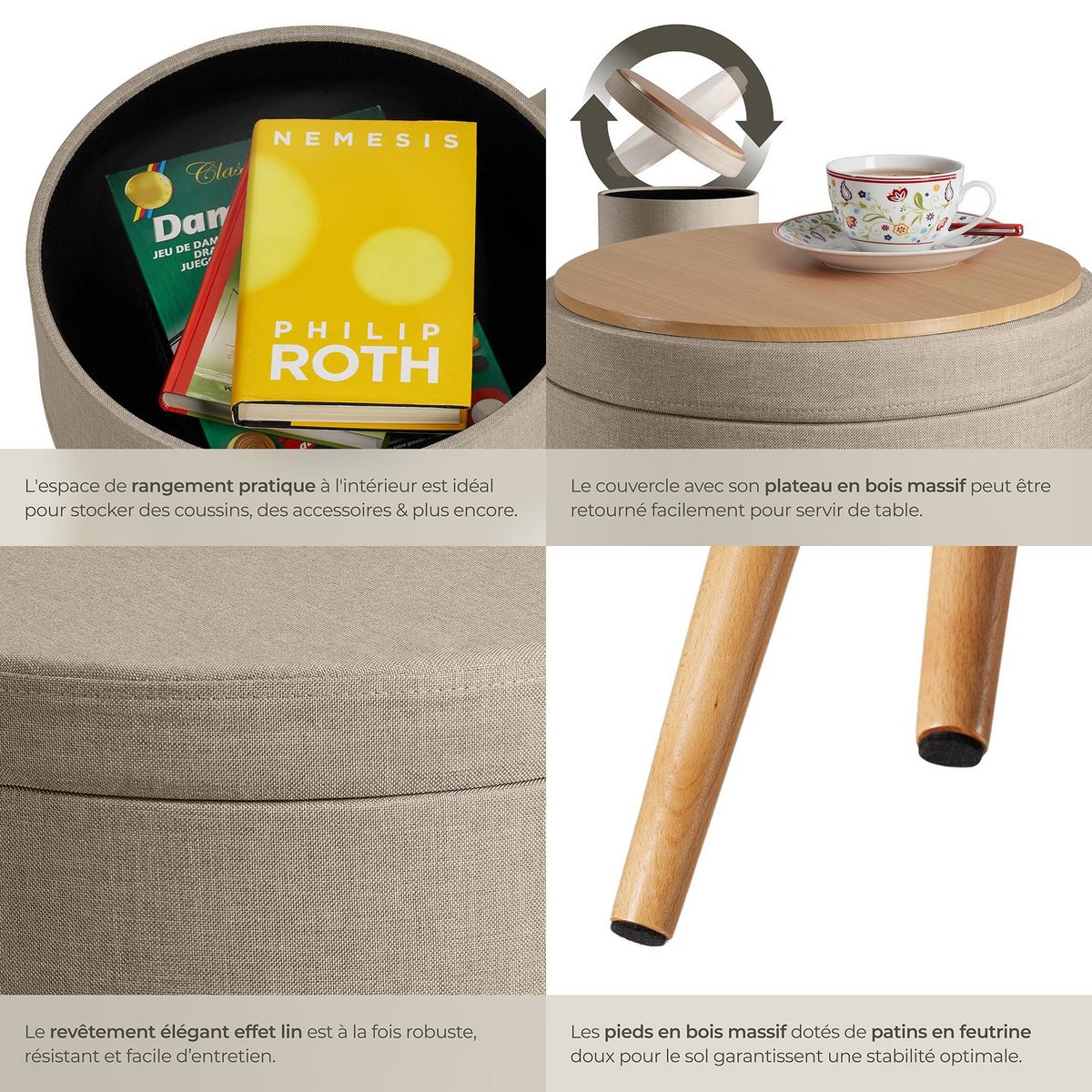 tectake Tabouret avec espace de rangement rond sable