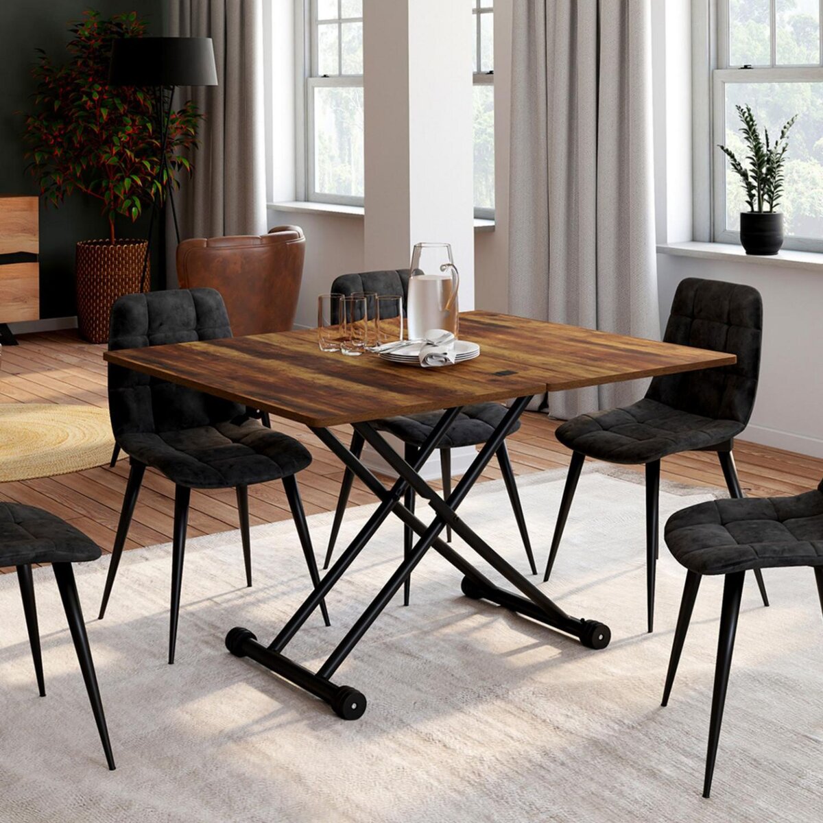 ID MARKET Table basse extensible relevable en table à manger URBANA plateau bois foncé effet vieilli pied noir design industriel