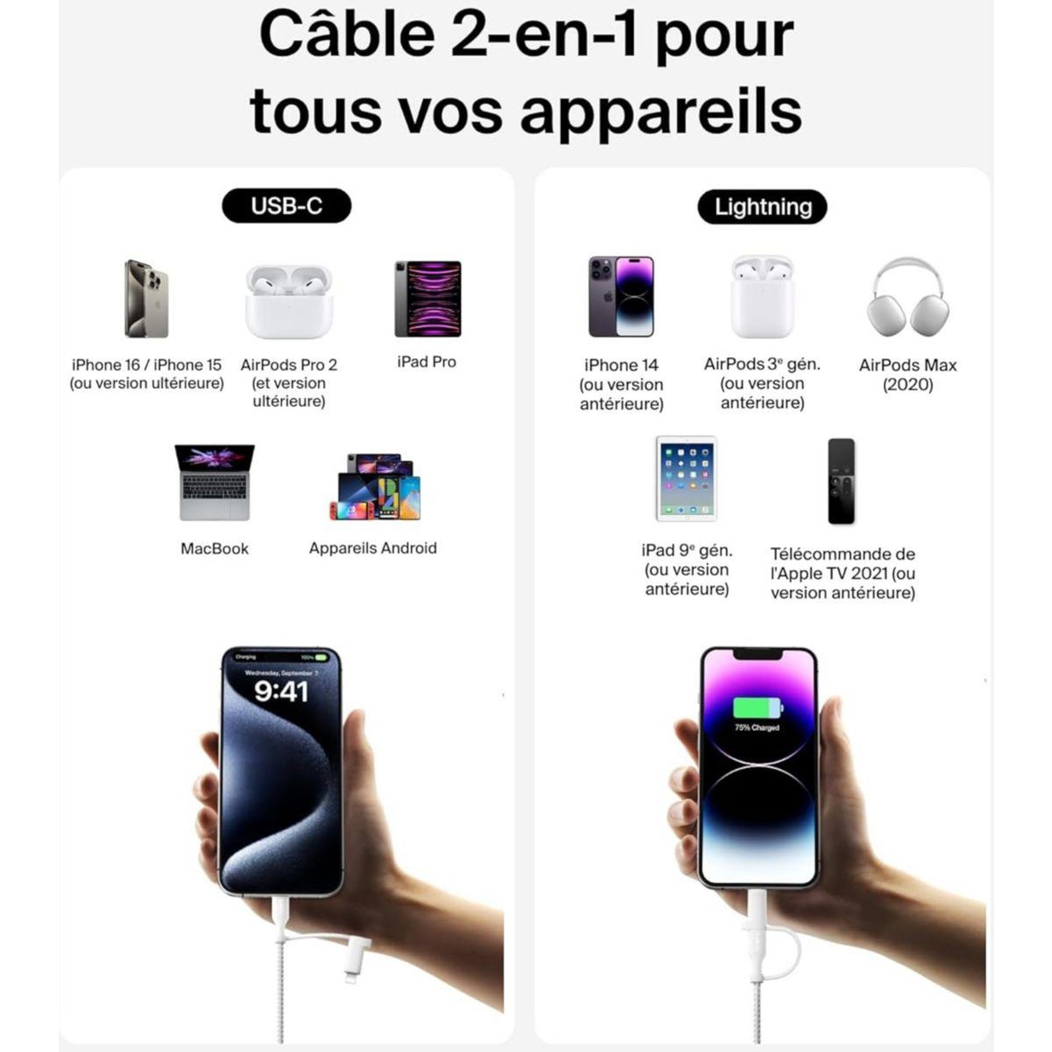 Voir la diapositive 3 : Belkin Adaptateur usb 2-en-1 usb-c et lightning 1m50 blanc