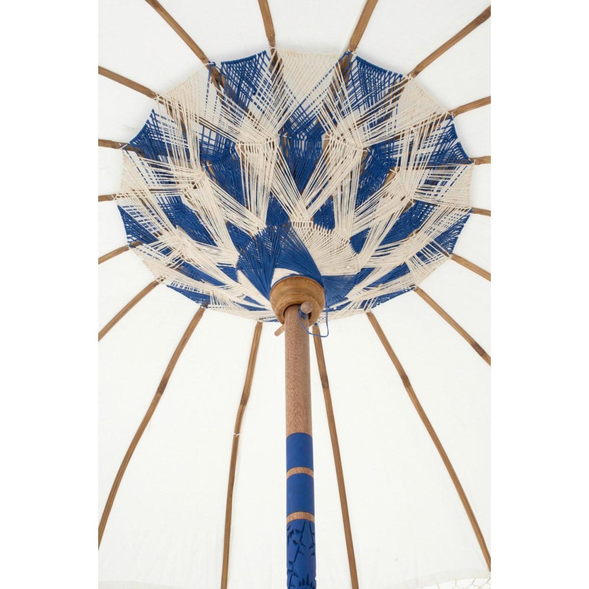 Voir la diapositive 3 : J-LINE Parasol rond à franges  flavie  180cm écru & bleu