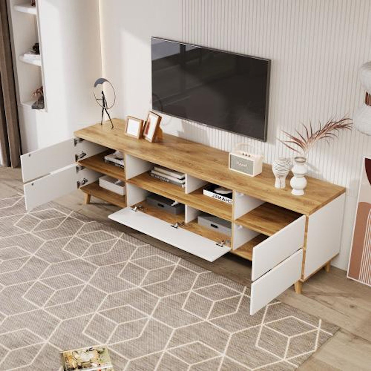 MERAX Meuble tv naturel+blanc 175 cm mdf