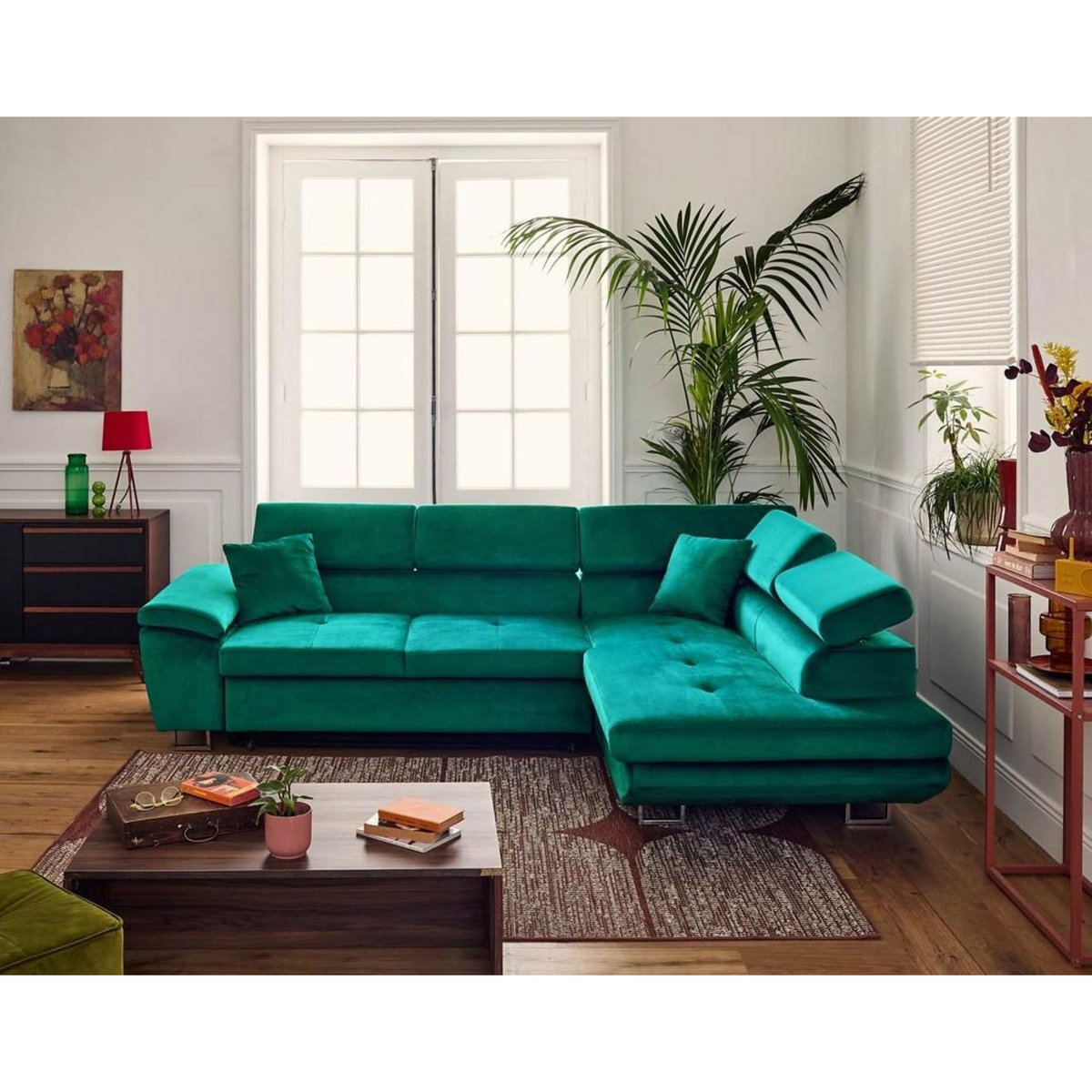 BEST MOBILIER Dimas - canapé d'angle droit 5 places - convertible avec coffre et têtières réglables - en velours