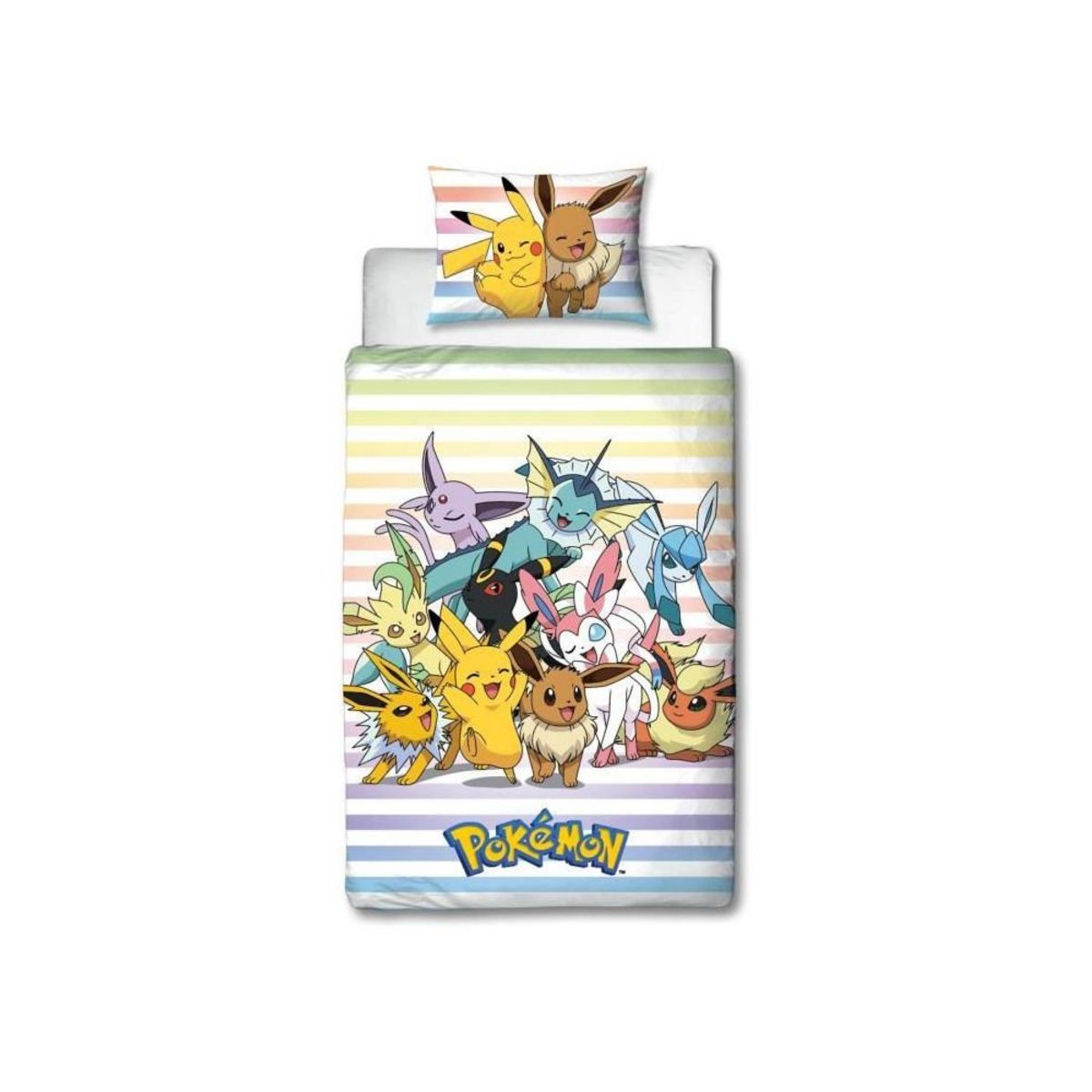 Pokemon Parure de lit réversible - POKEMON - Pikachu et Evoli - Microfibre - 1 housse de couette 140 x 200 cm + 1 taie 63 x 63 cm