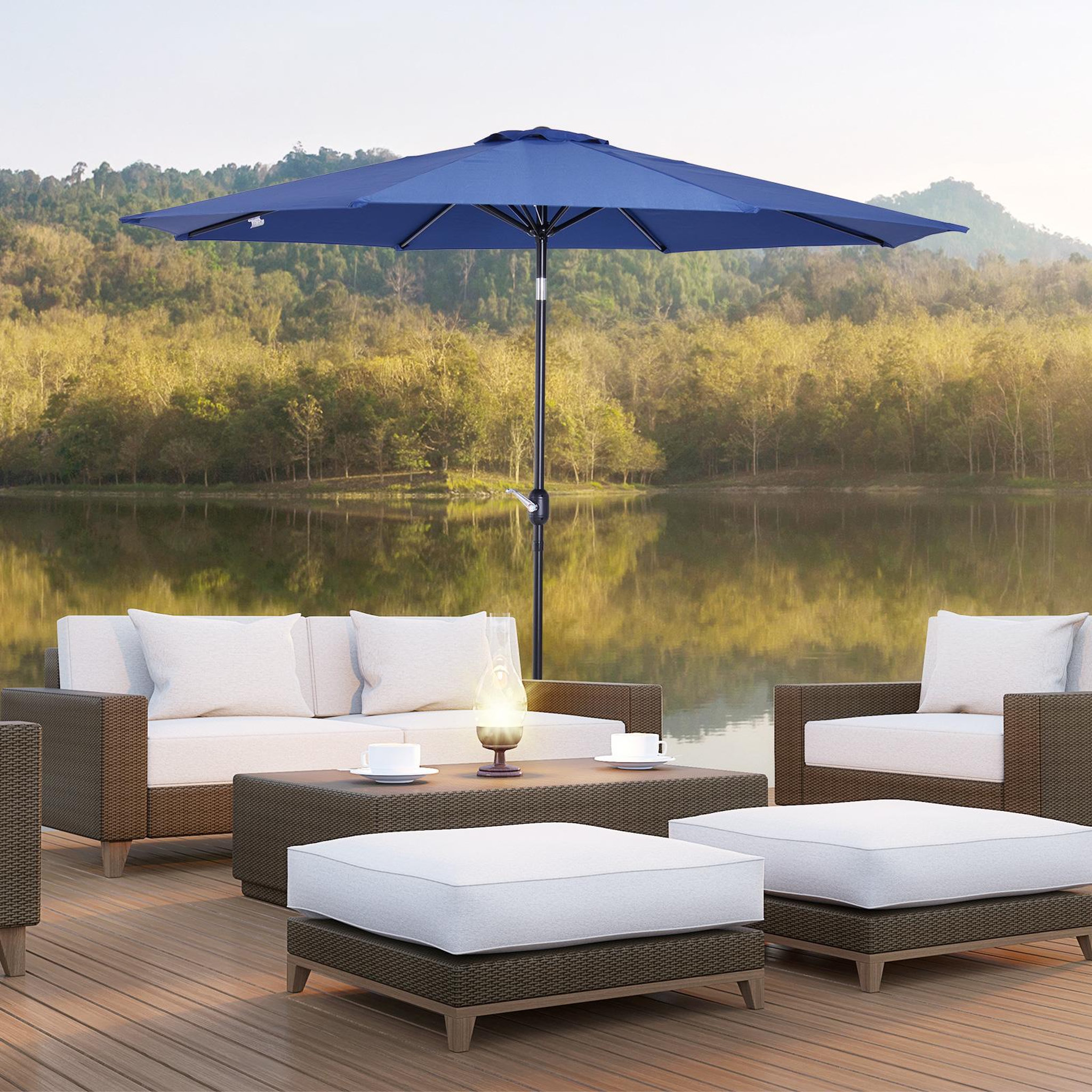Voir la diapositive 2 : OUTSUNNY Parasol en métal rond polyester 180g/m² manivelle inclinable Ø 3 x 2,45 m bleu
