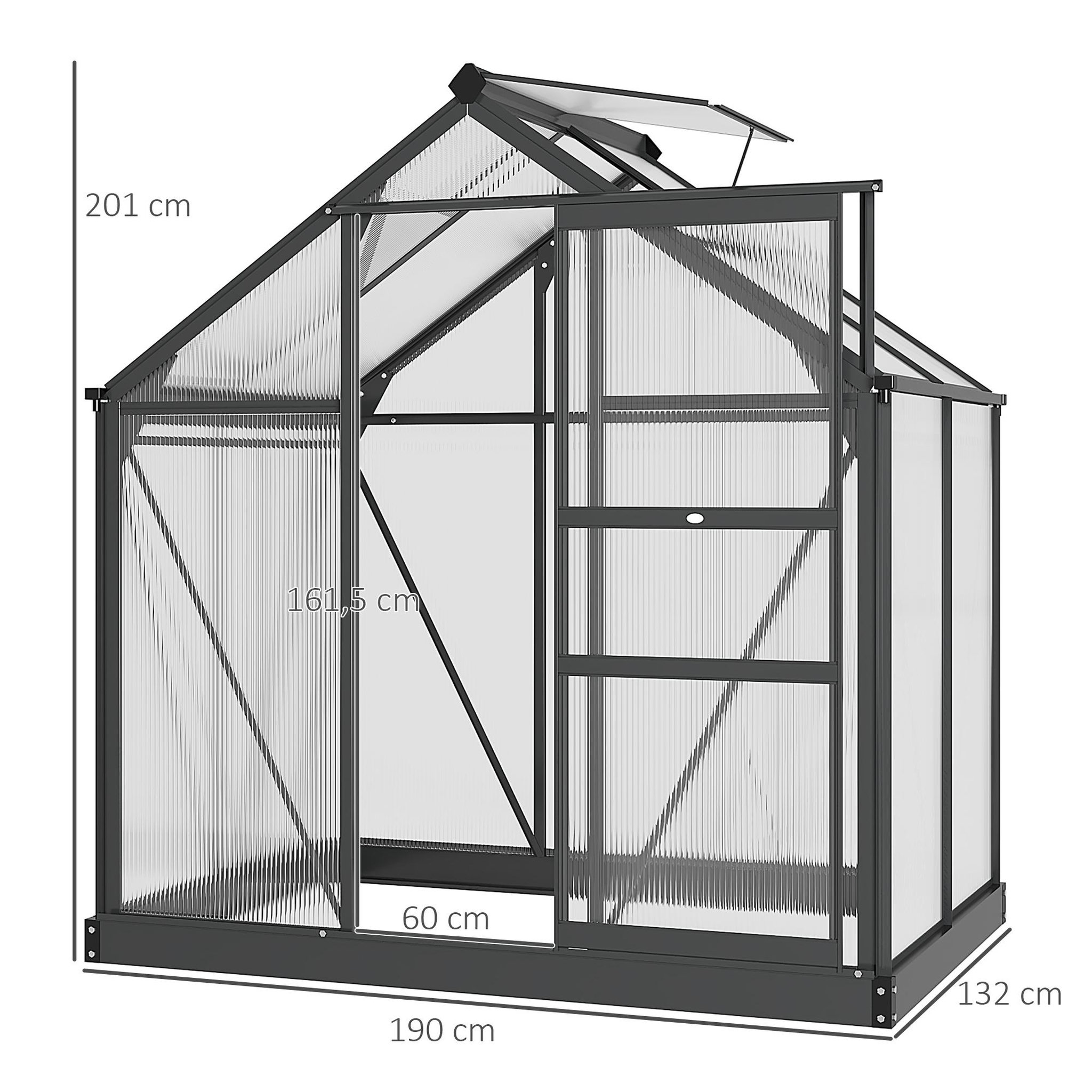 Voir la diapositive 3 : OUTSUNNY Serre de jardin aluminium polycarbonate 2,51 m² dim. 1,9l x 1,32l x 2,01h m lucarne, porte coulissante + fondation incluse alu. Gris polycarbonate transparent