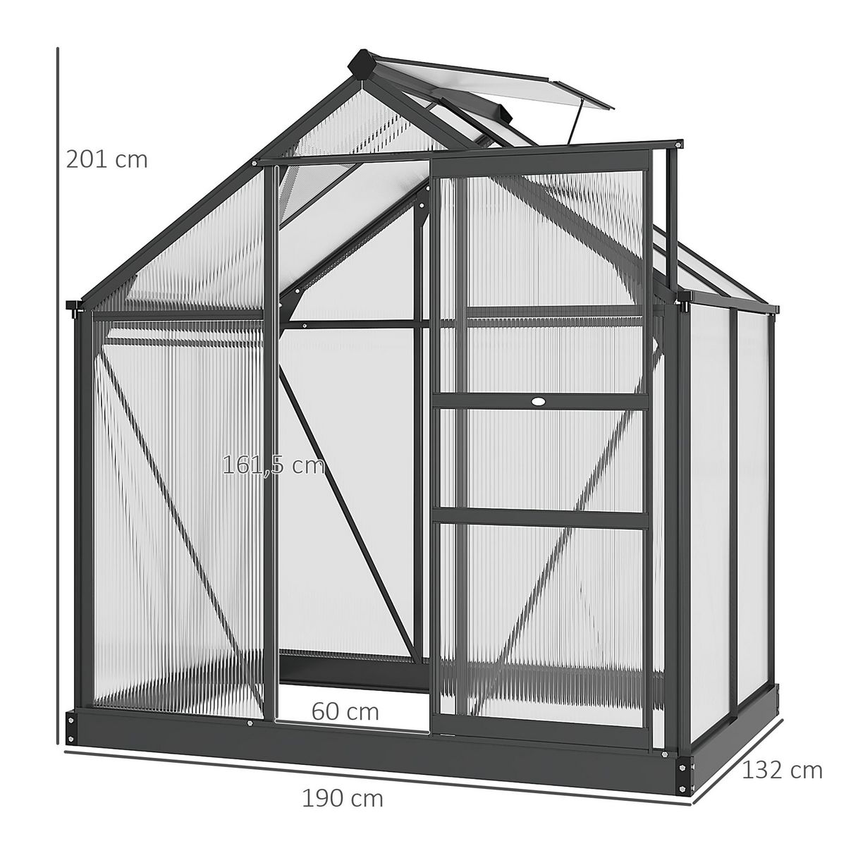 OUTSUNNY Serre de jardin aluminium polycarbonate 2,51 m² dim. 1,9L x 1,32l x 2,01H m lucarne, porte coulissante + fondation incluse alu. gris polycarbonate transparent