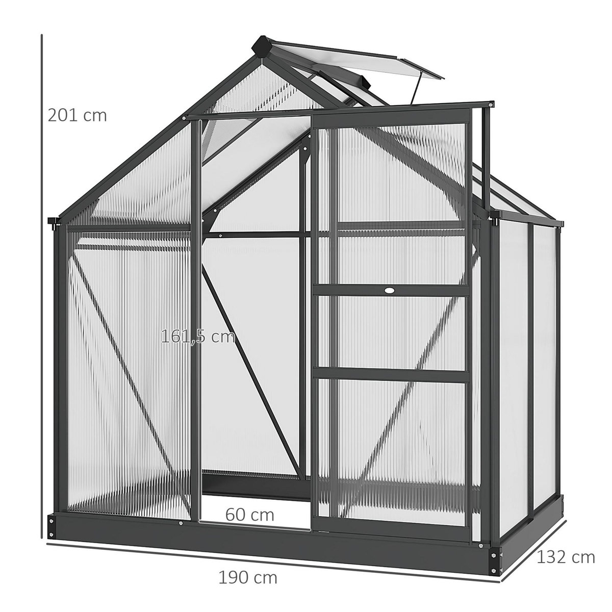 OUTSUNNY Serre de jardin aluminium polycarbonate 2,51 m² dim. 1,9L x 1,32l x 2,01H m lucarne, porte coulissante + fondation incluse alu. gris polycarbonate transparent