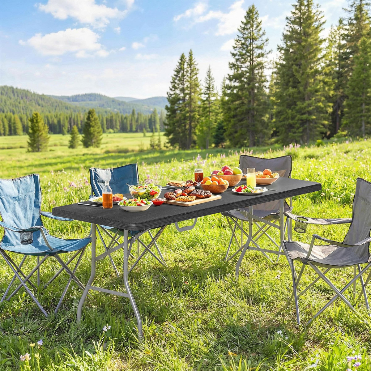 OUTSUNNY Table pliante de camping jardin dim. 180 x 74 x 74 cm avec poignée métal époxy gris HDPE noir