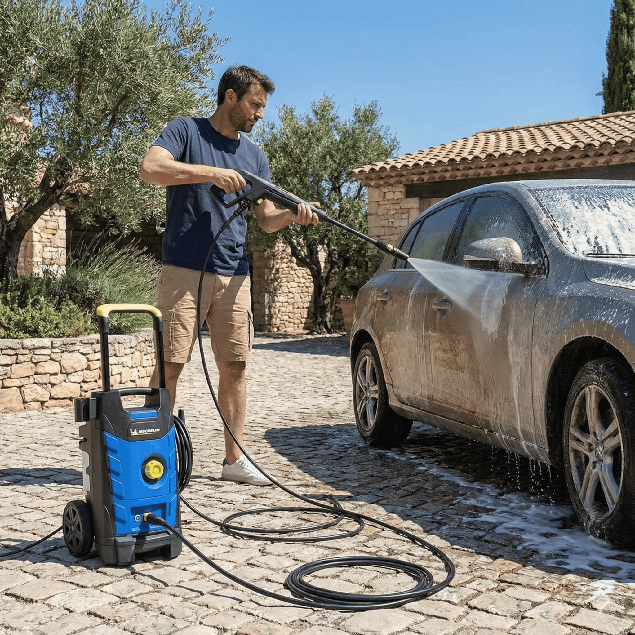 Voir la diapositive 2 : MICHELIN Nettoyeur haute pression 140 bar 1900w avec nettoyeur de sols et brosse fixe 460 l/h eau froide michelin