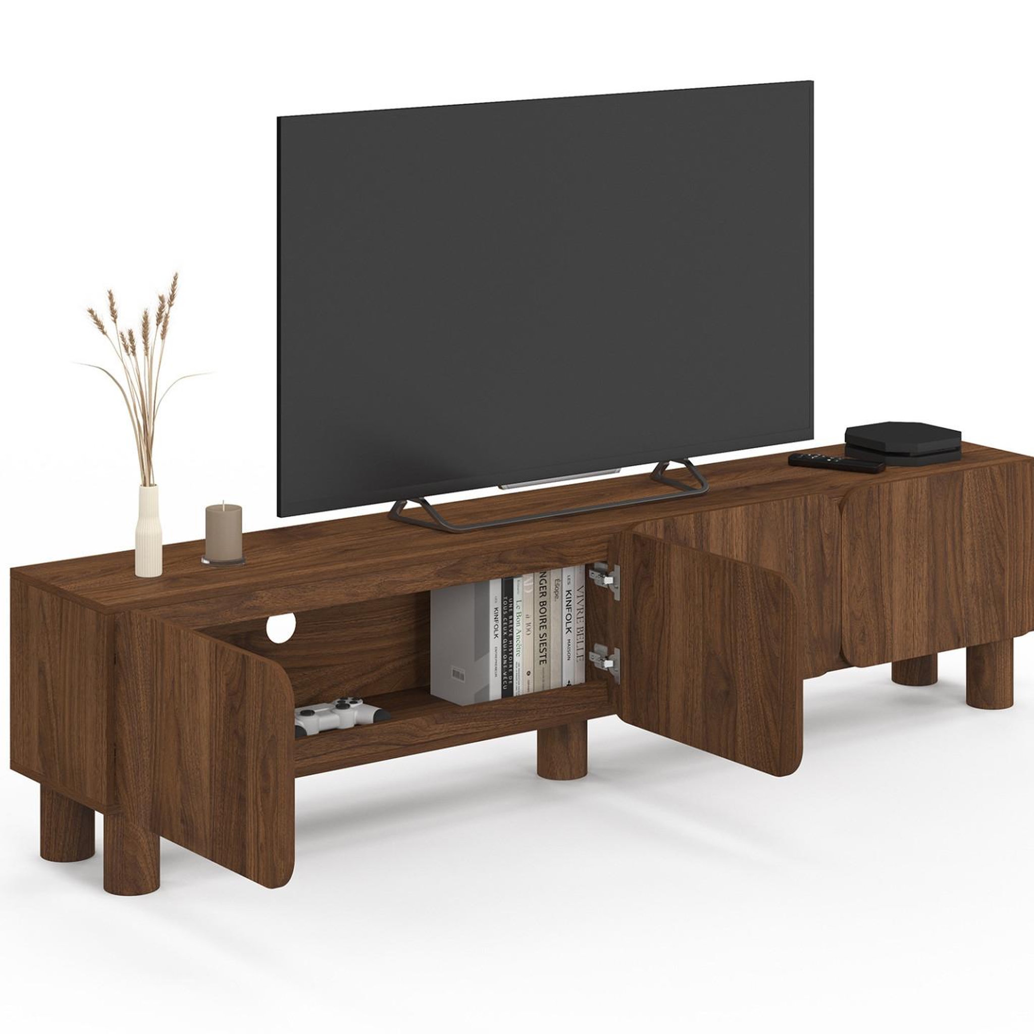 Voir la diapositive 4 : ID MARKET Meuble tv 180 cm saranda 4 portes arrondies bois effet noyer